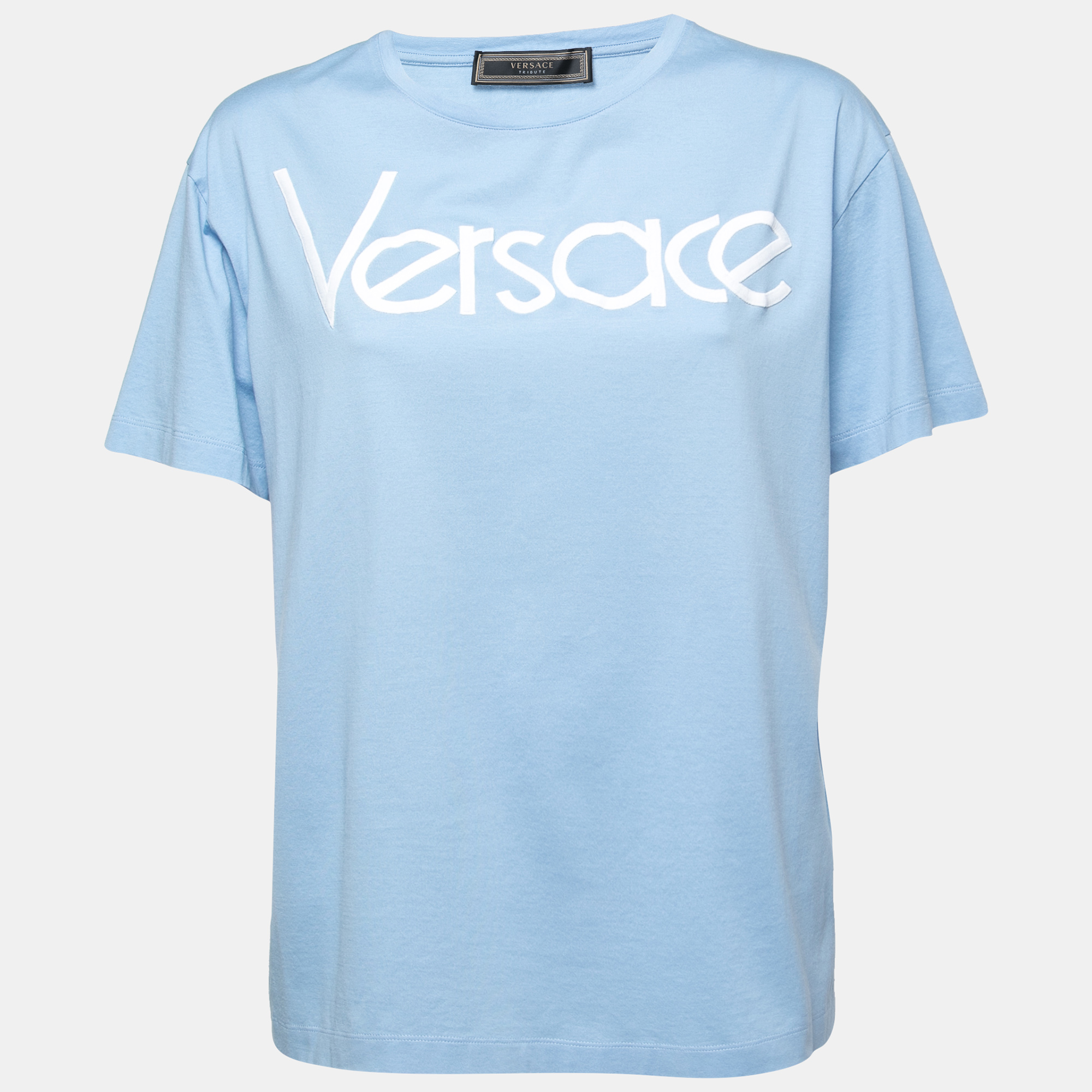 Click to view more detailed imagery on our partner's website Pre-owned Versace Tribute Blue Logo Embroidered Cotton Half Sleeve T-shirt M