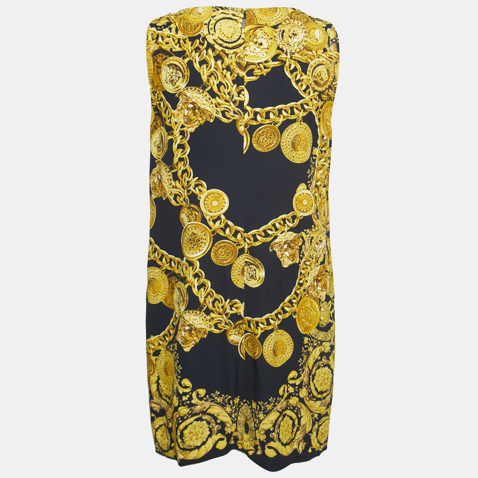 

Versace Black/Gold Baroque Chain Printed Crepe Shift Dress