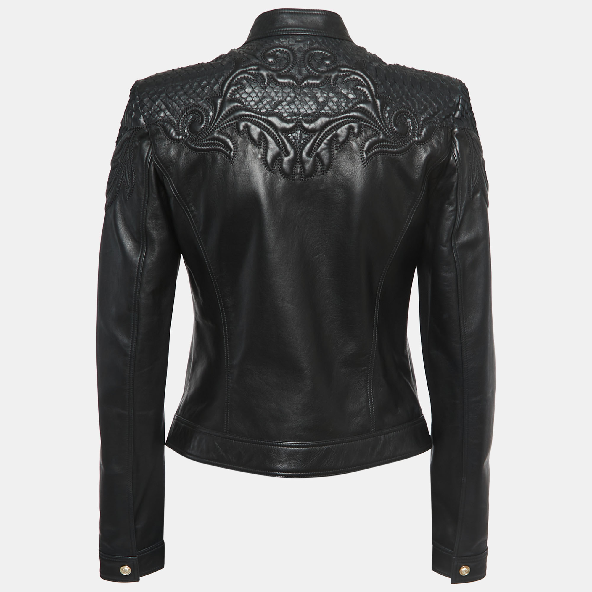 

Versace Black Leather & Python Zip Front Biker Jacket