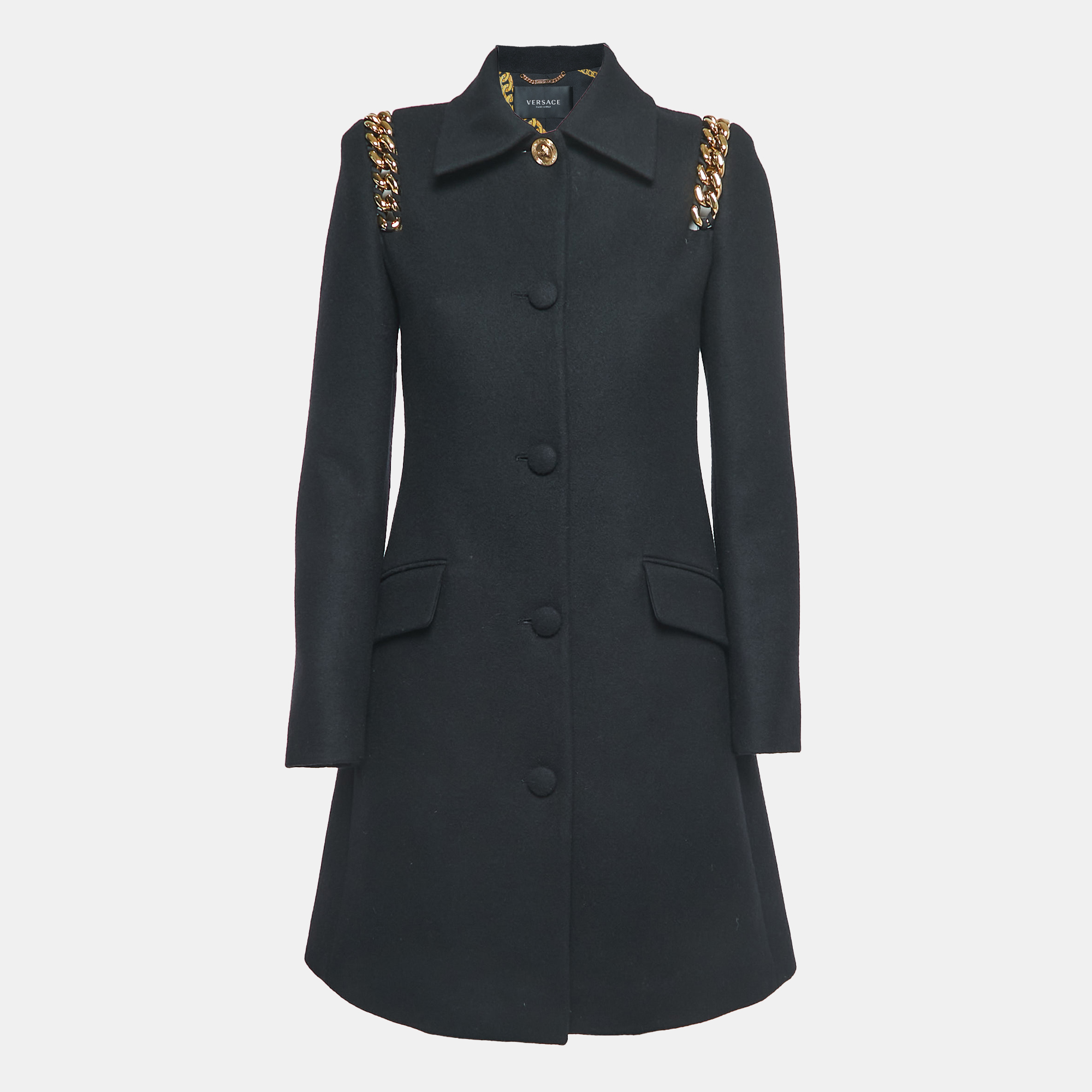 Versace Black Wool Chain Detail Single Breasted Coat S