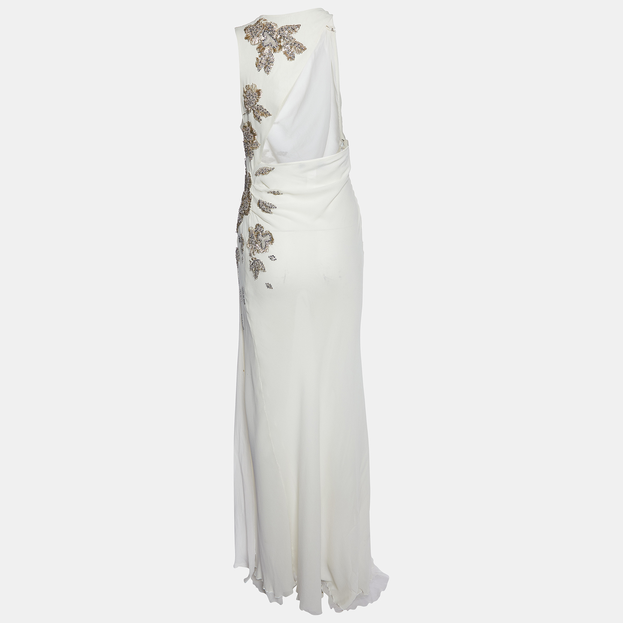 

Versace White Embellished Silk Sleeveless Slit Detail Gown