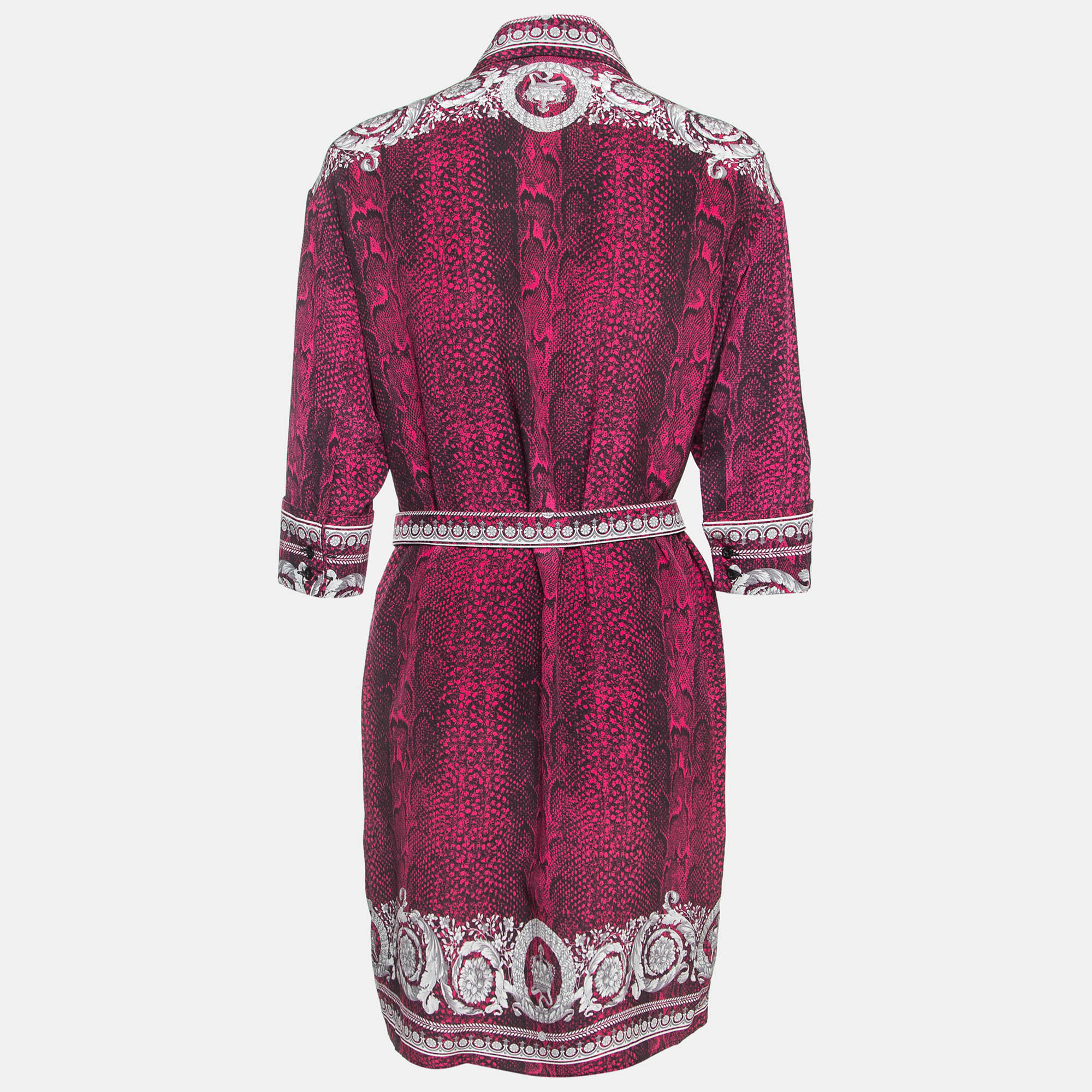 

Versace Pink Snake & Baroque Print Silk Belted Sheath Dress