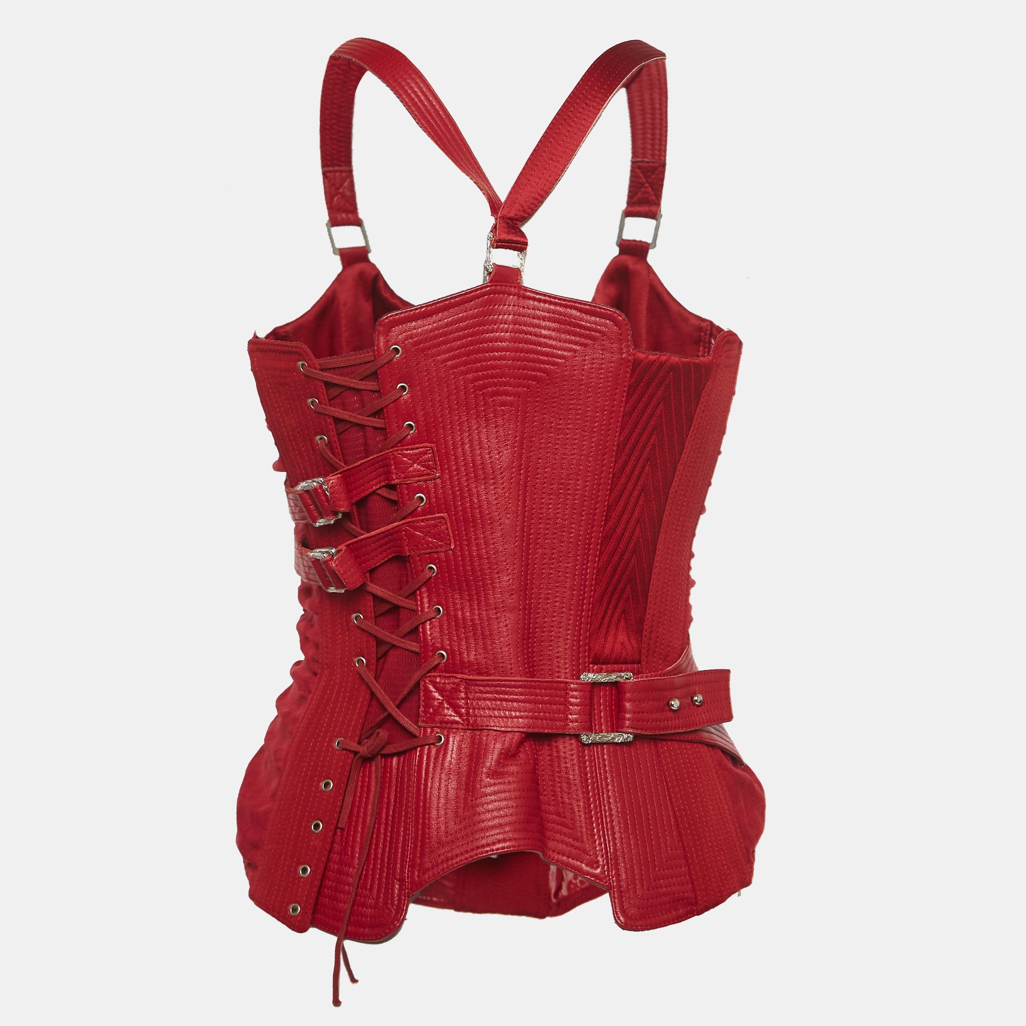 

Versace Red Leather and Silk Bondage Corset Top