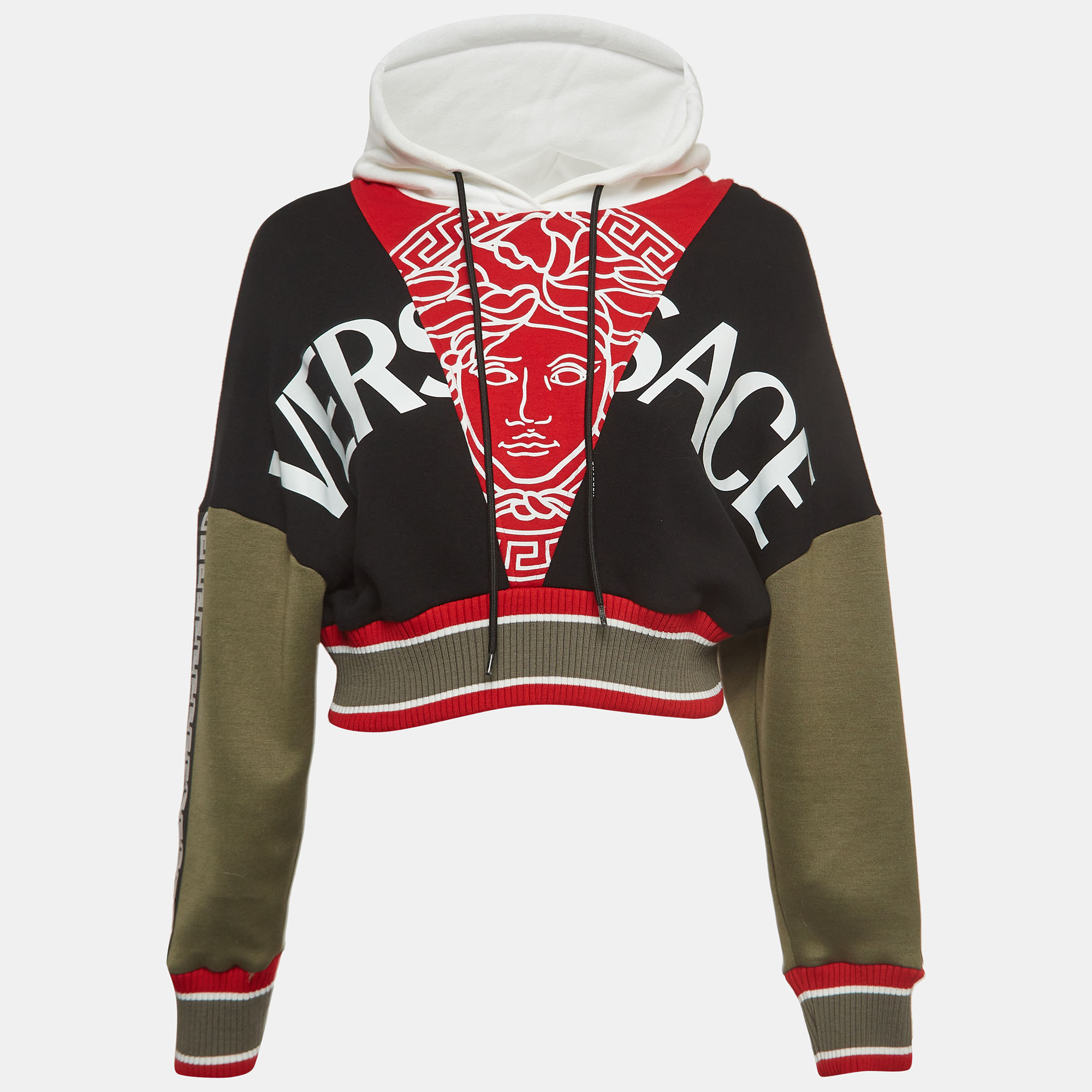 The Versace hoodie is a vibrant fashion statement featuring the iconic Versace logo in a lively spectrum. Crafted from a comfortable cotton blend it combines luxury style and a trendy cropped silhouette.