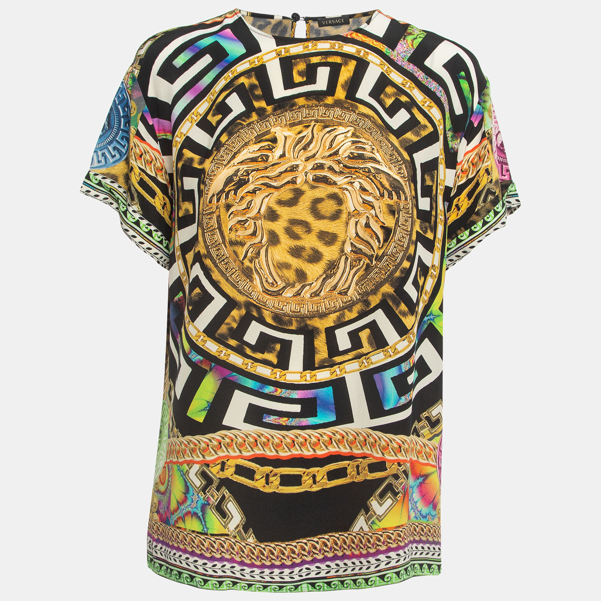 Pre-owned Versace Multicolor All-over Print Silk Top M