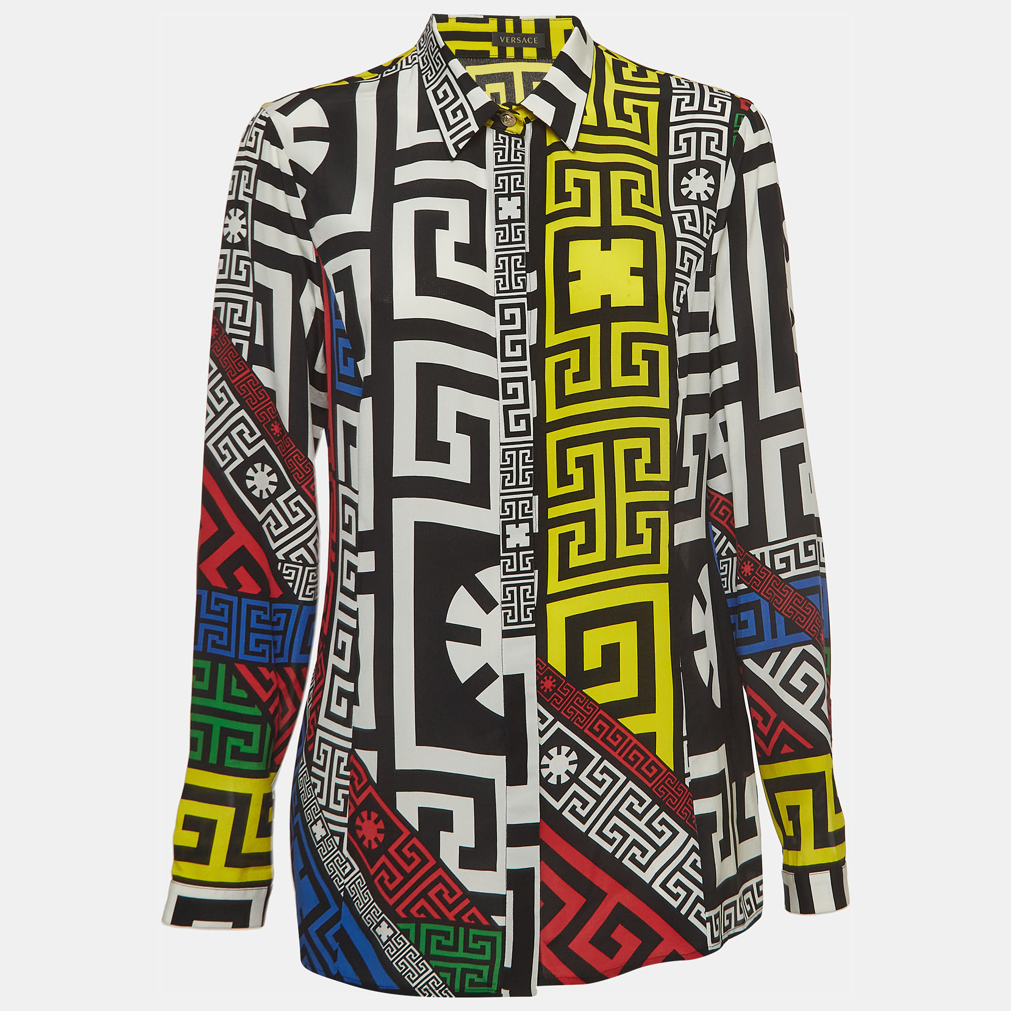 Pre-owned Versace Multicolor Geometric Greek Print Chiffon Silk Shirt L