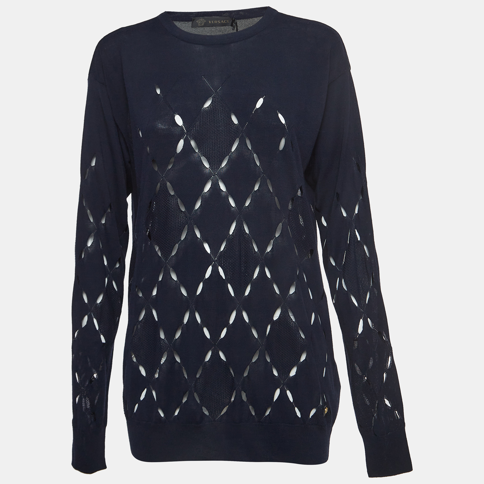 

Versace Black Navy Blue Cut-Out Knit Crew Neck Sweatshirt XL