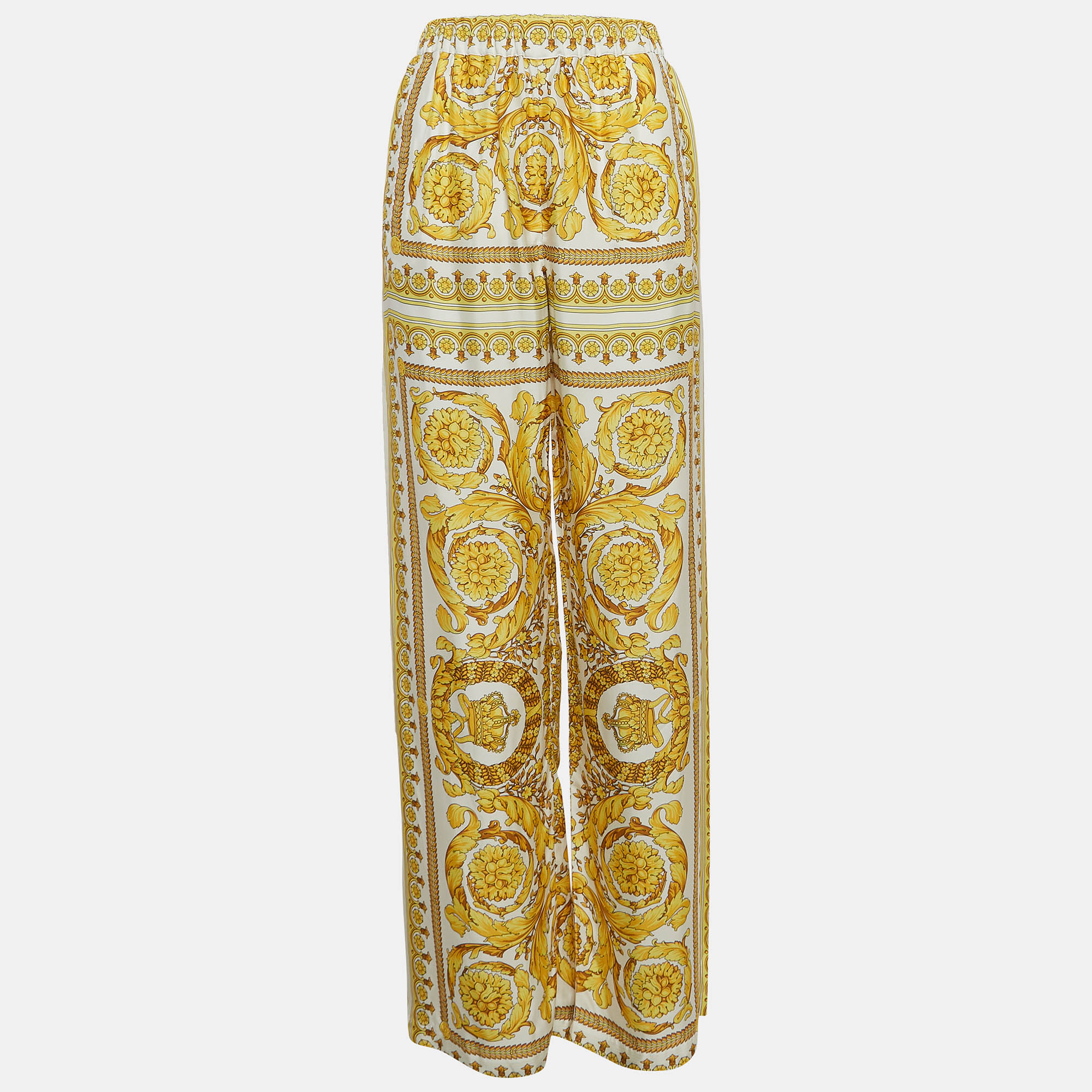 

Versace Yellow Barocco Print Crepe Wide Leg Trousers