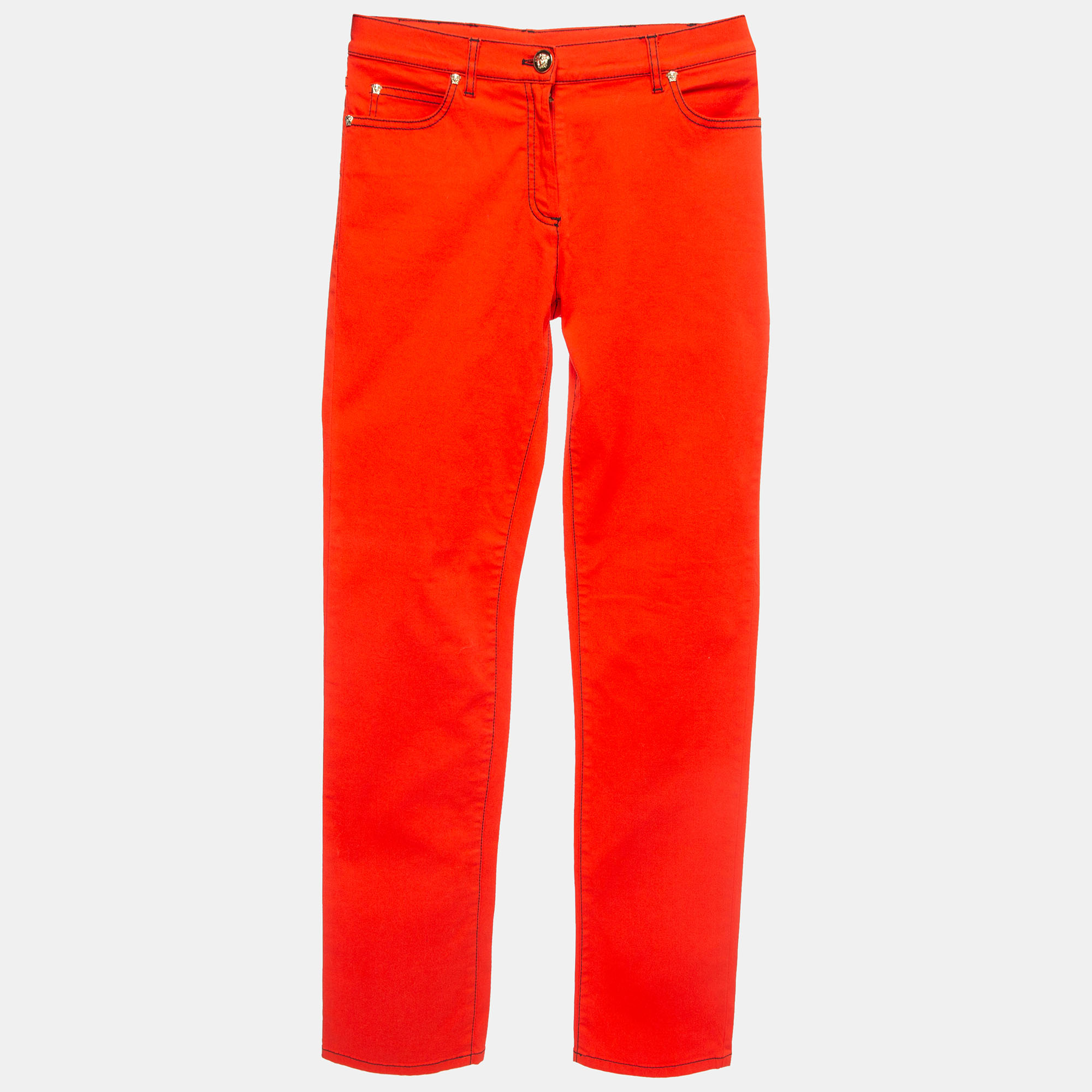 

Versace Orange Contrast Stitch Cotton Metallic Logo Detail Trousers