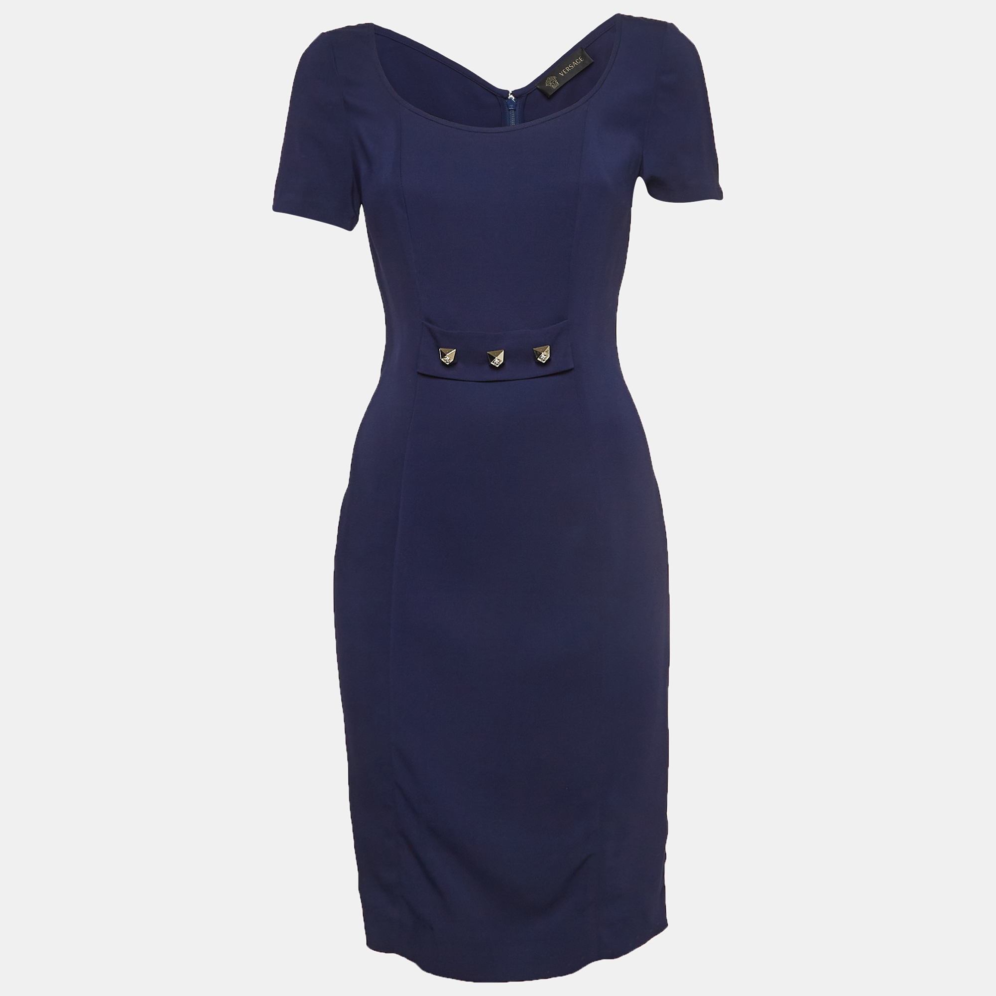 

Versace Blue Metal Logo Embellishment Crepe Sheath Dress