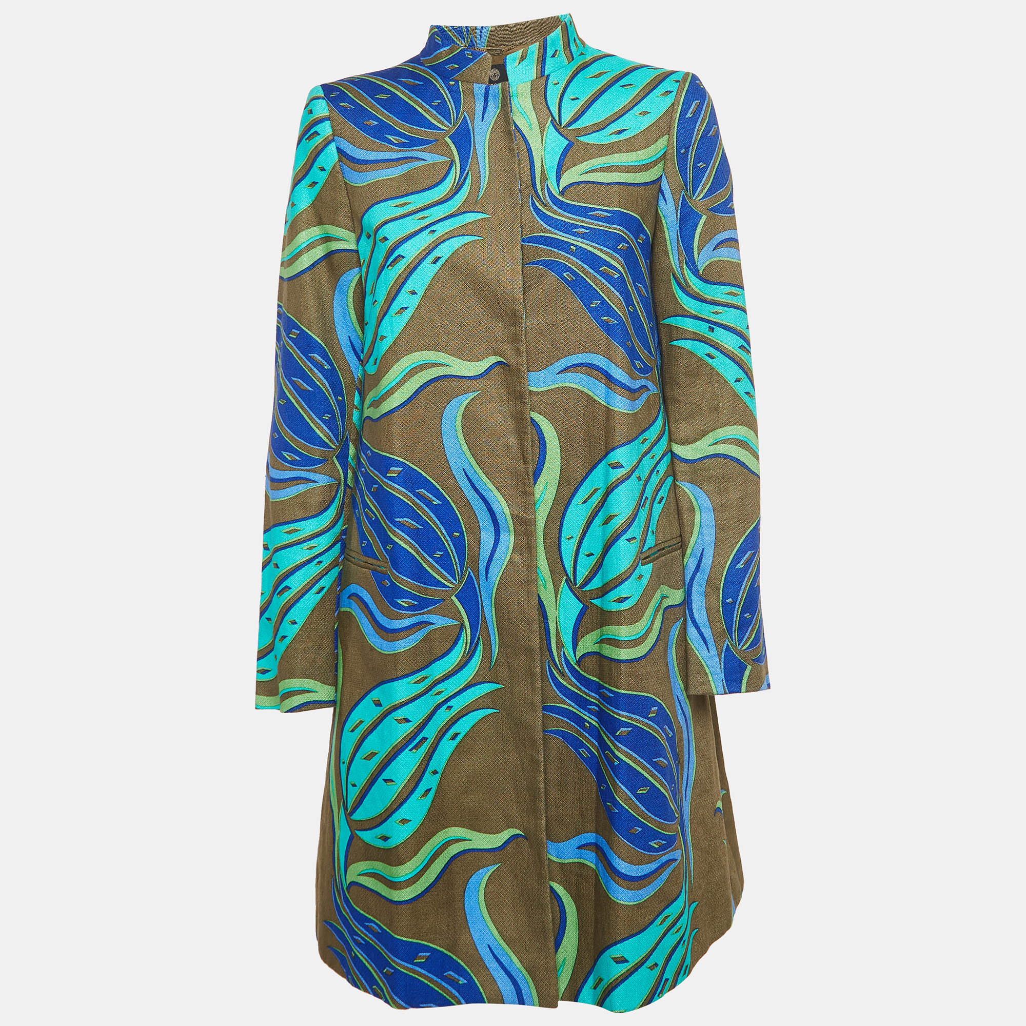 Pre-owned Versace Green Printed Linen Mid-length Coat M