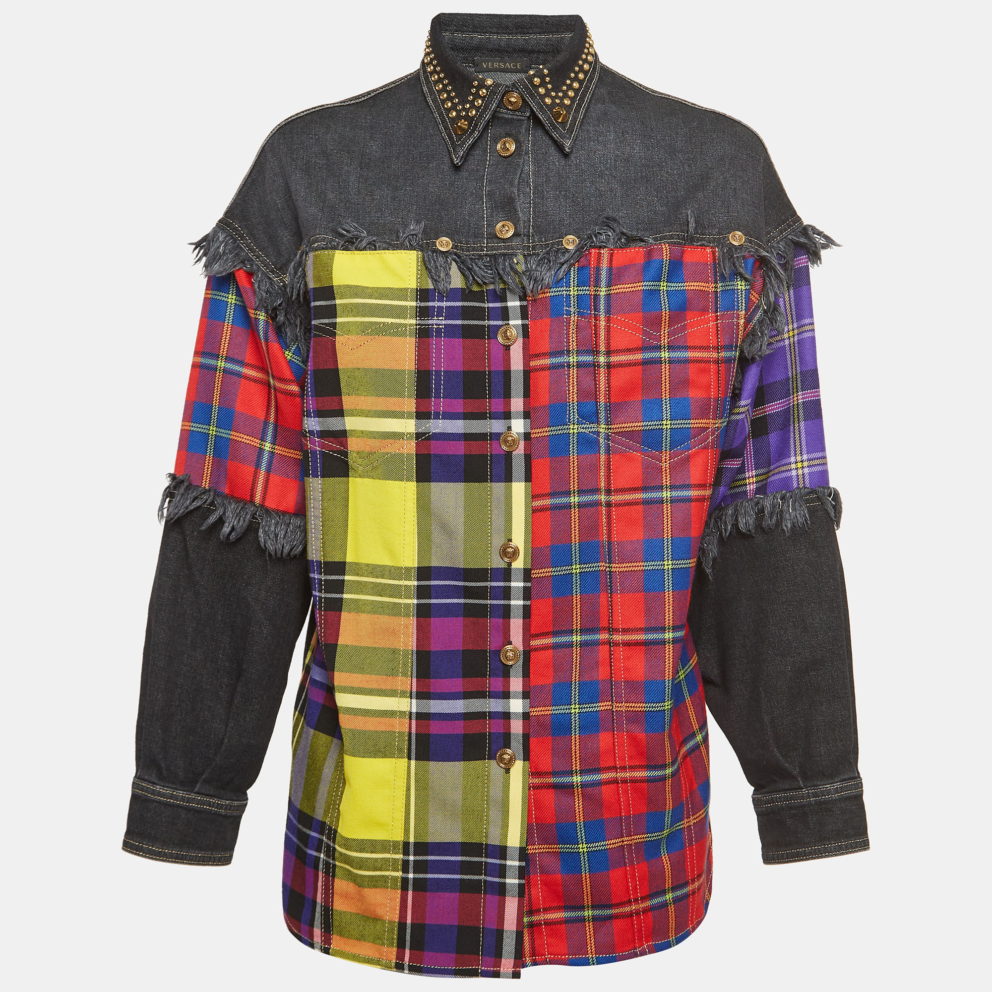 Pre-owned Versace Multicolor Plaid Wool & Denim Frayed Shirt M