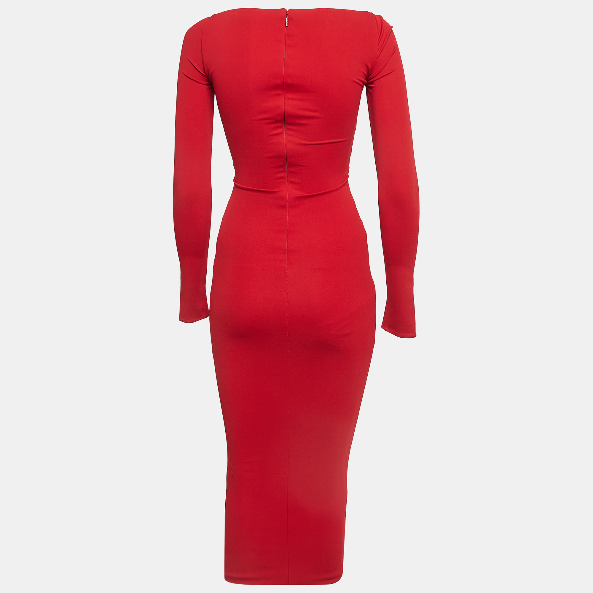 

Versace Red Tulle Trim Jersey Ruched Midi Bodycon Dress