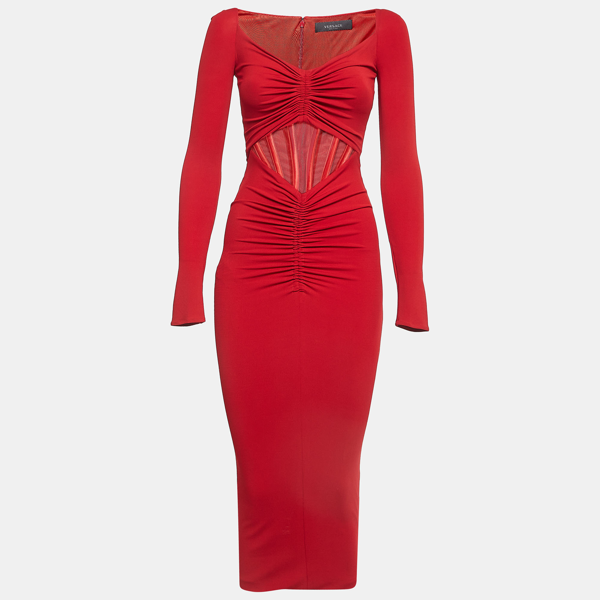 Pre Owned Versace Red Tulle Trim Jersey Ruched Midi Bodycon Dress XS