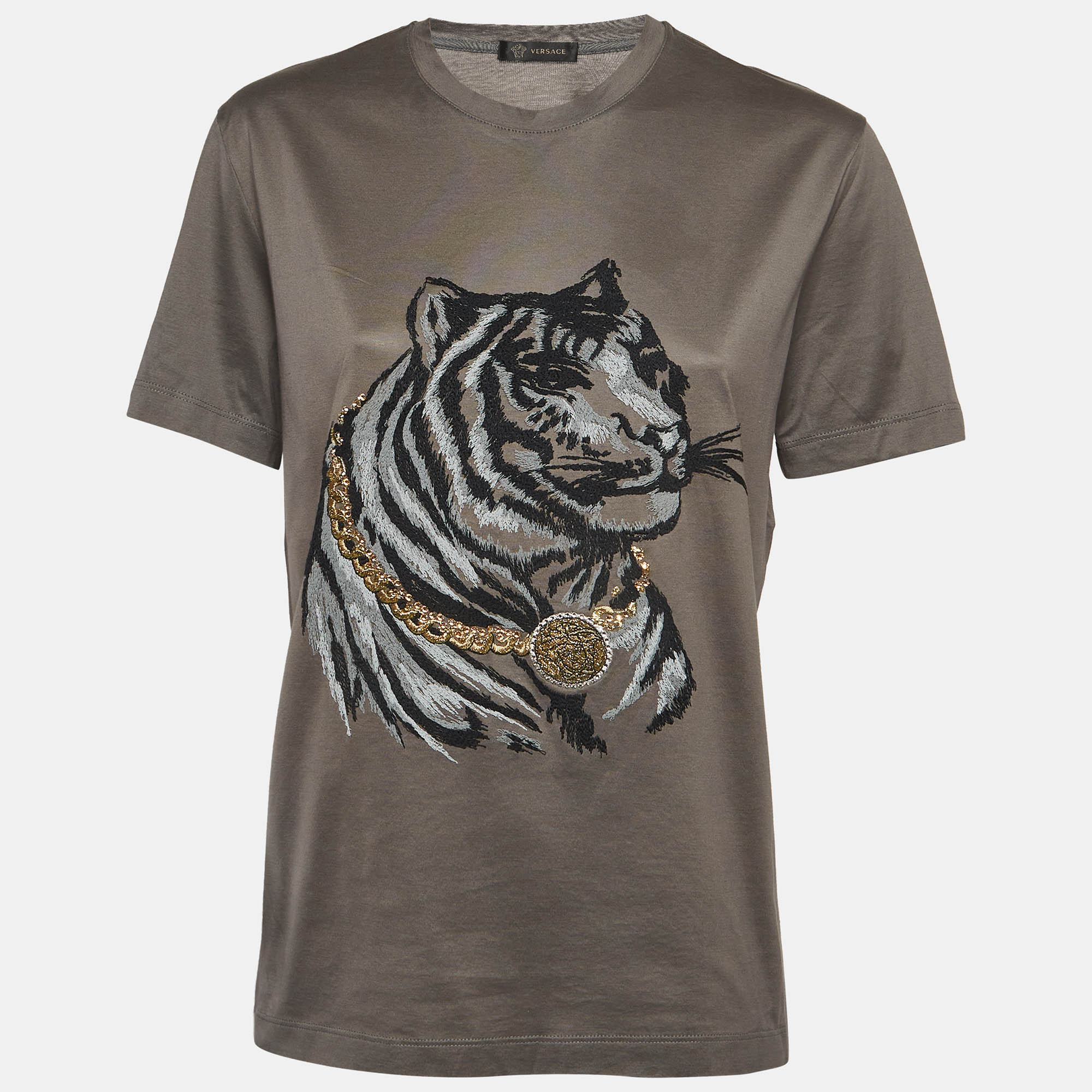 

Versace Grey Tiger Embroidered Jersey Crew Neck T-Shirt