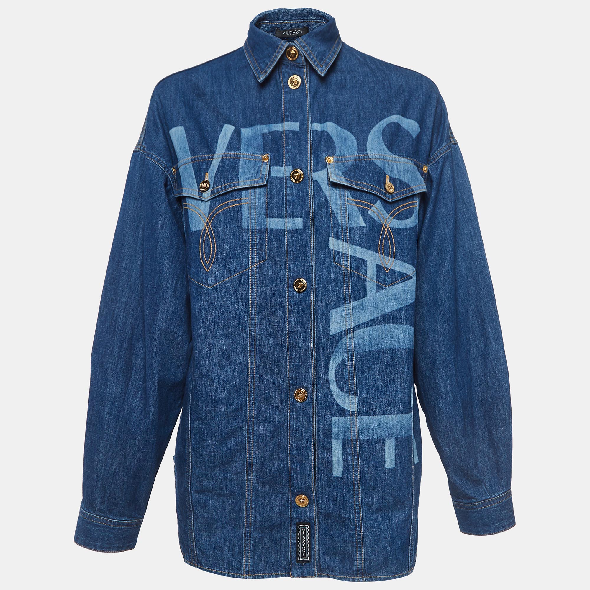 

Versace Navy Blue Logo Print Denim Oversized Shirt