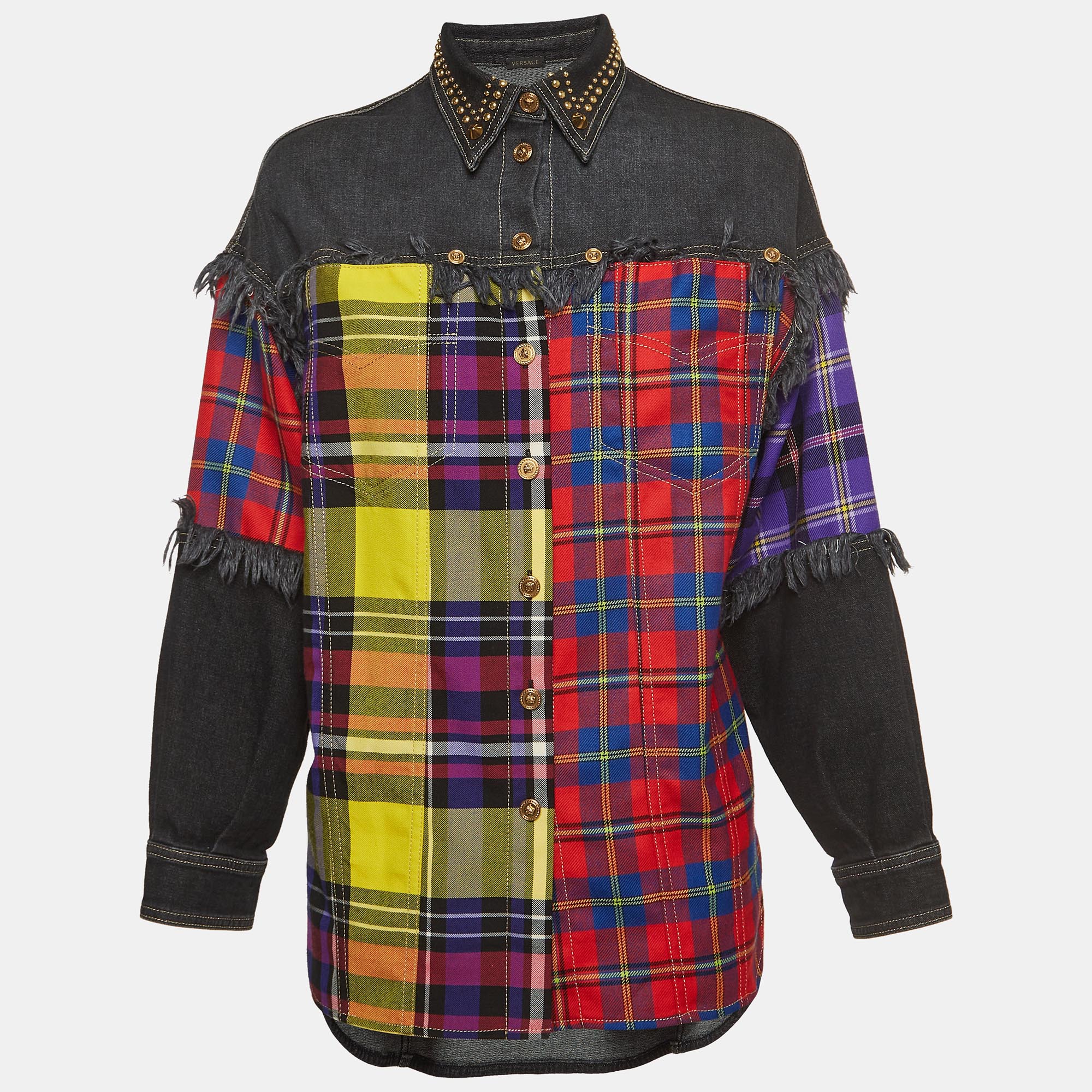 Pre-owned Versace Multicolor Plaid Wool & Denim Frayed Shirt M