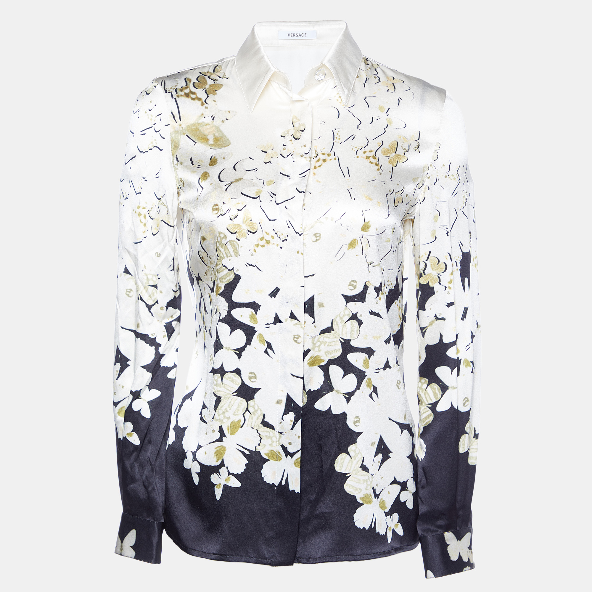 

Versace Cream/Black Butterfly Print Silk Button Front Shirt S