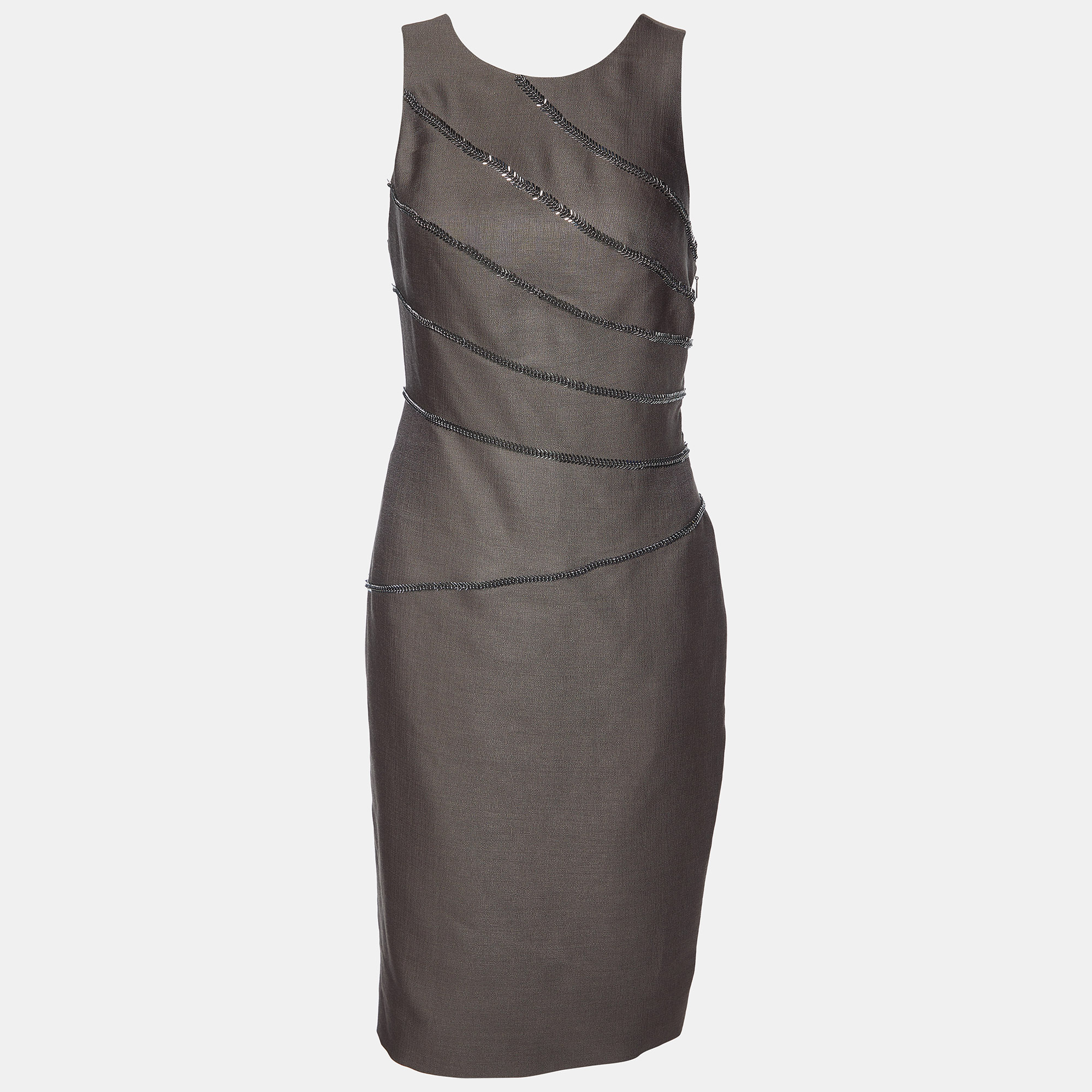 

Versace Deep Taupe Wool & Silk Fishbone Chain Detail Dress S, Brown