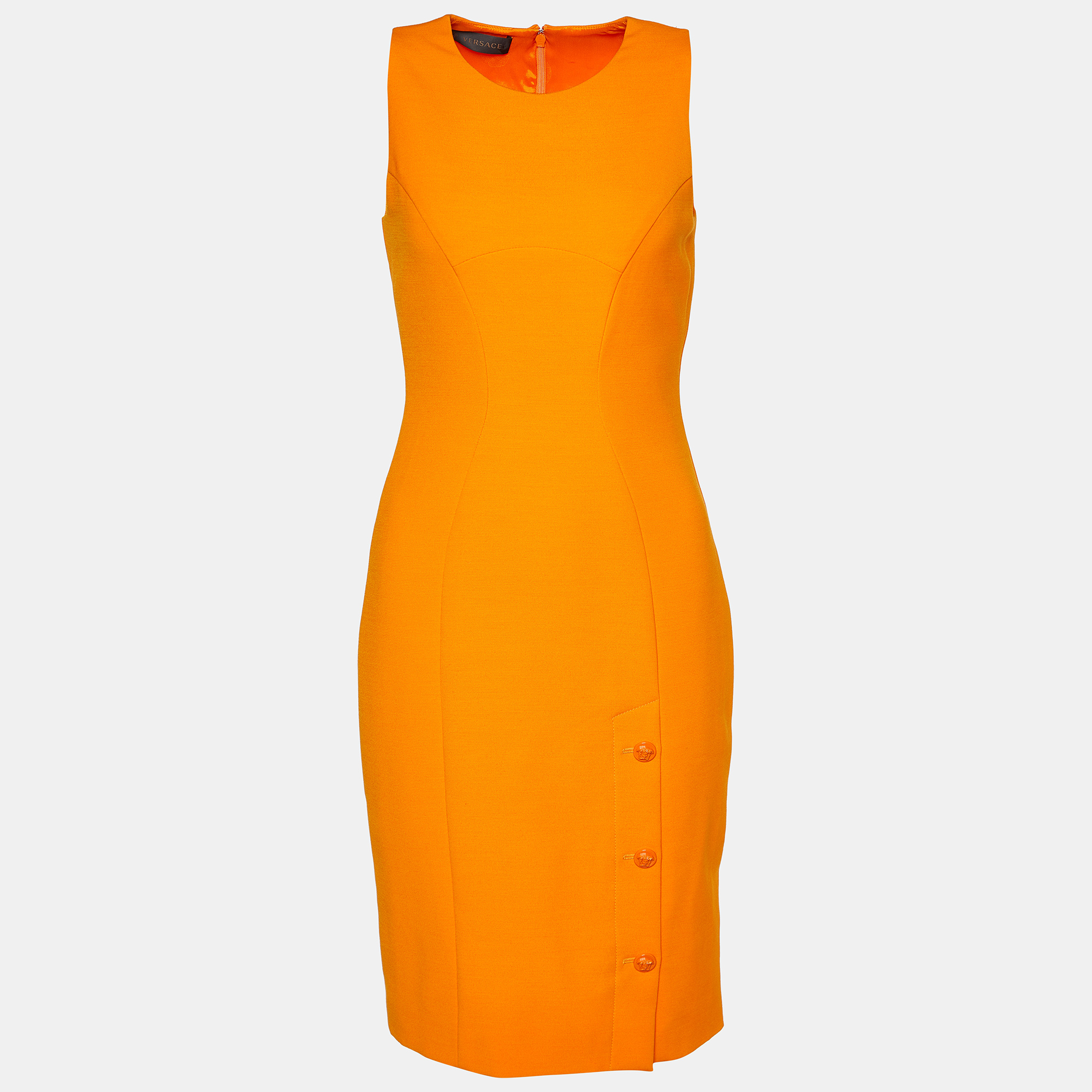Pre-owned Versace Orange Crepe Logo Button Detail Sheath Dress S