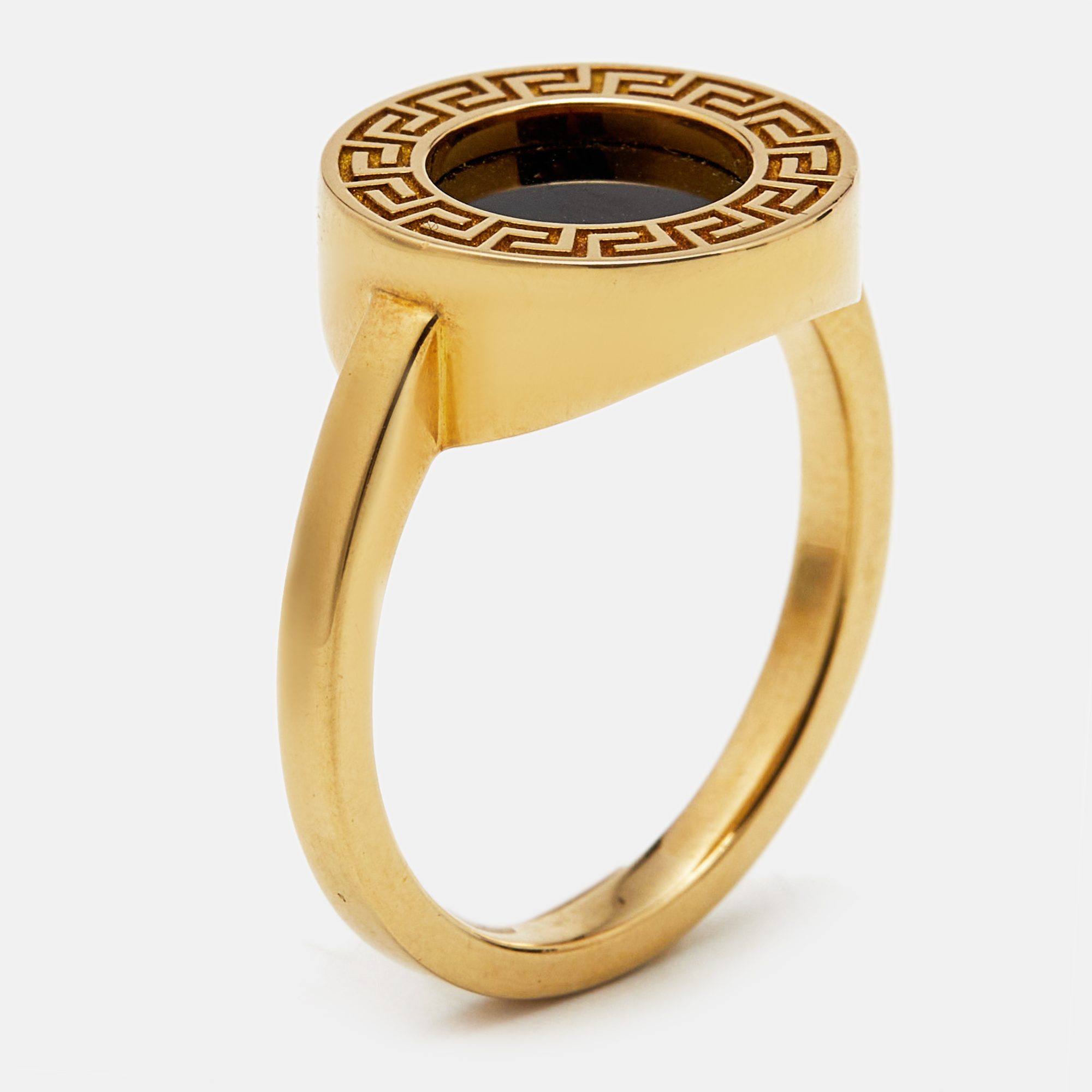 Pre-owned Versace Greca Onyx 18k Yellow Gold Ring Size 54