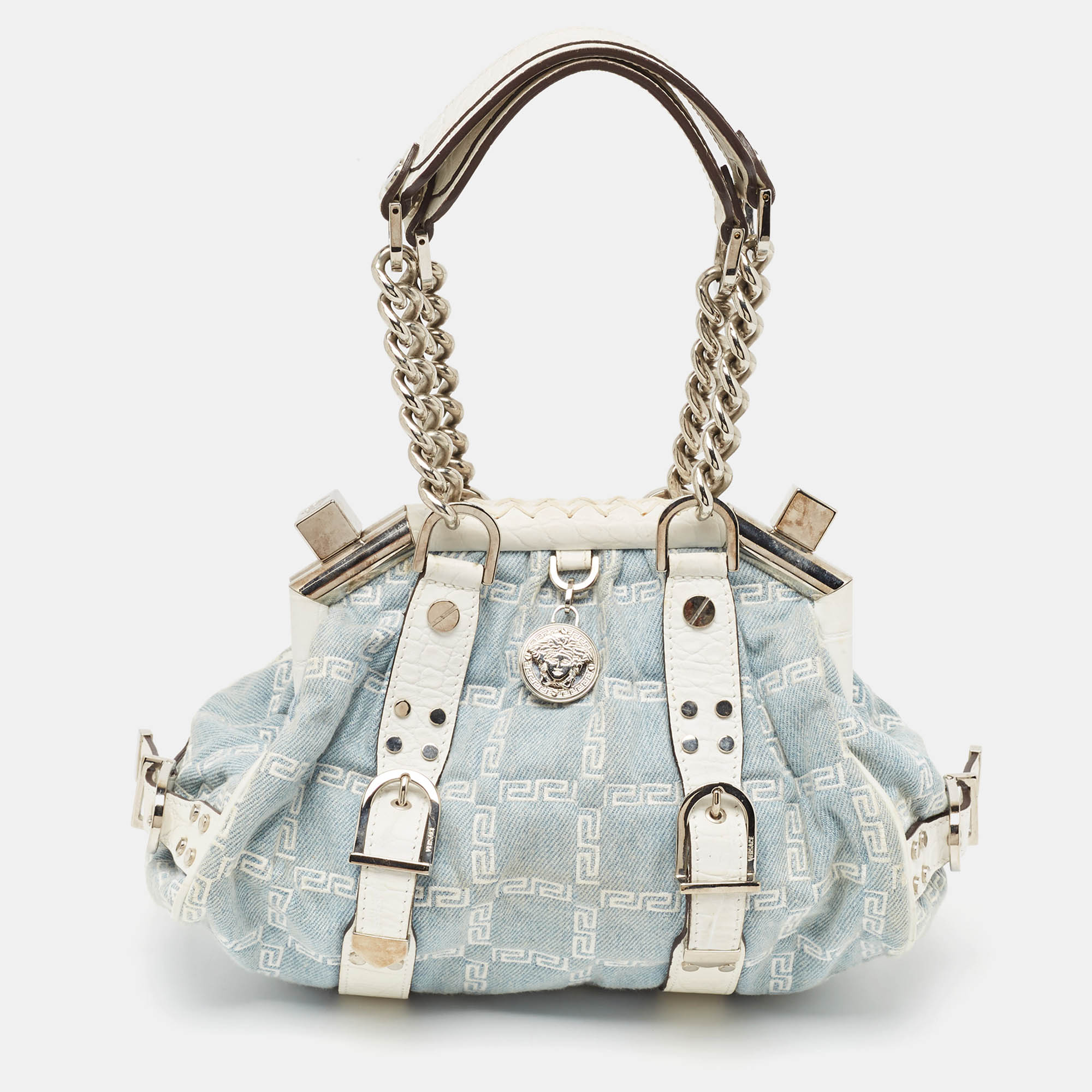

Versace Blue/white Denim and Croc Embossed Leather Madonna Satchel