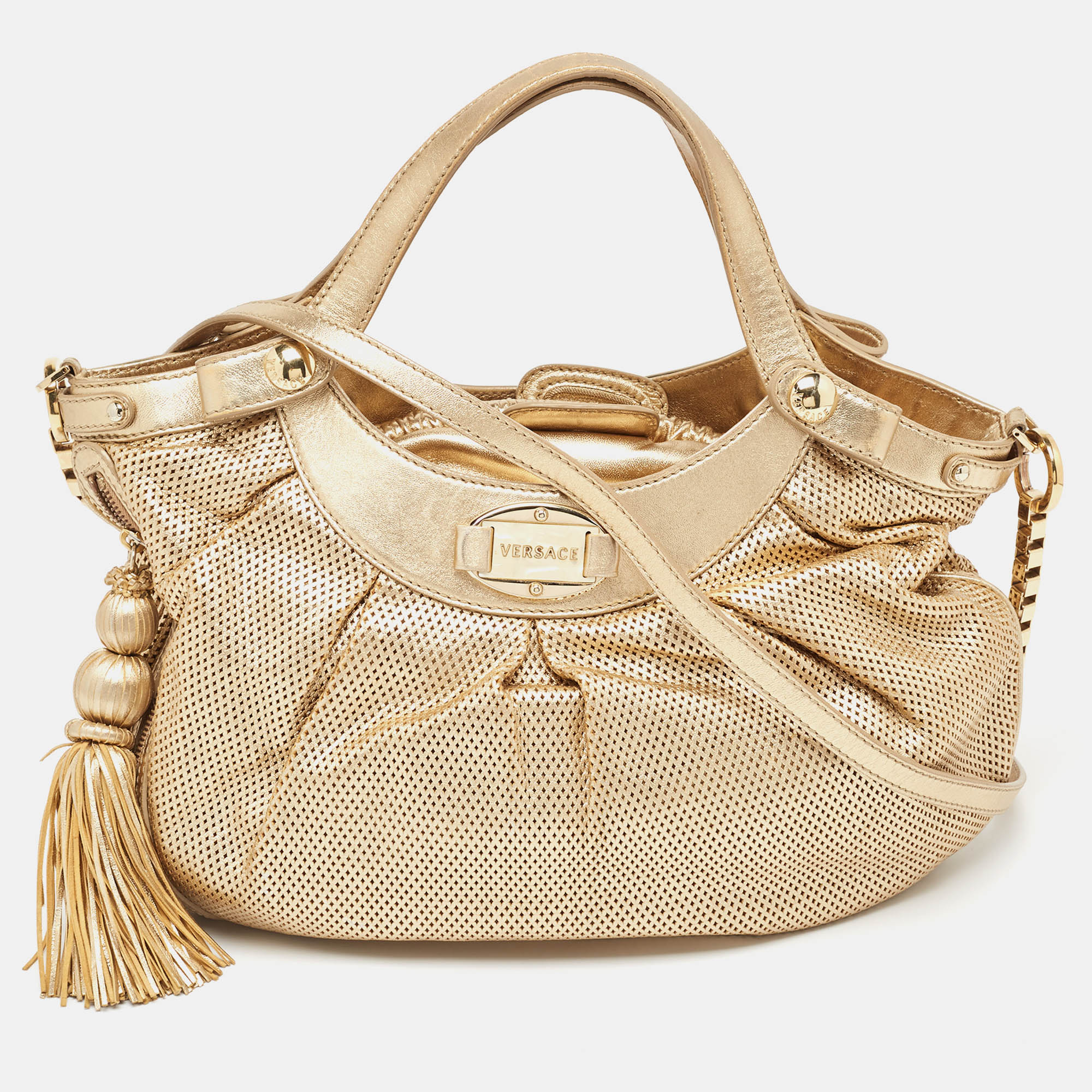 

Versace Gold Perforated Leather Tassel Shoulder Bag