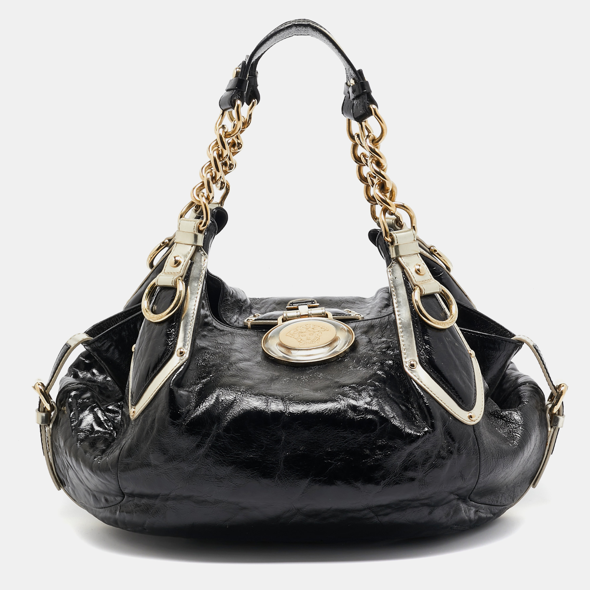 Pre-owned Versace Black/gold Patent Leather Medussa Flap Hobo