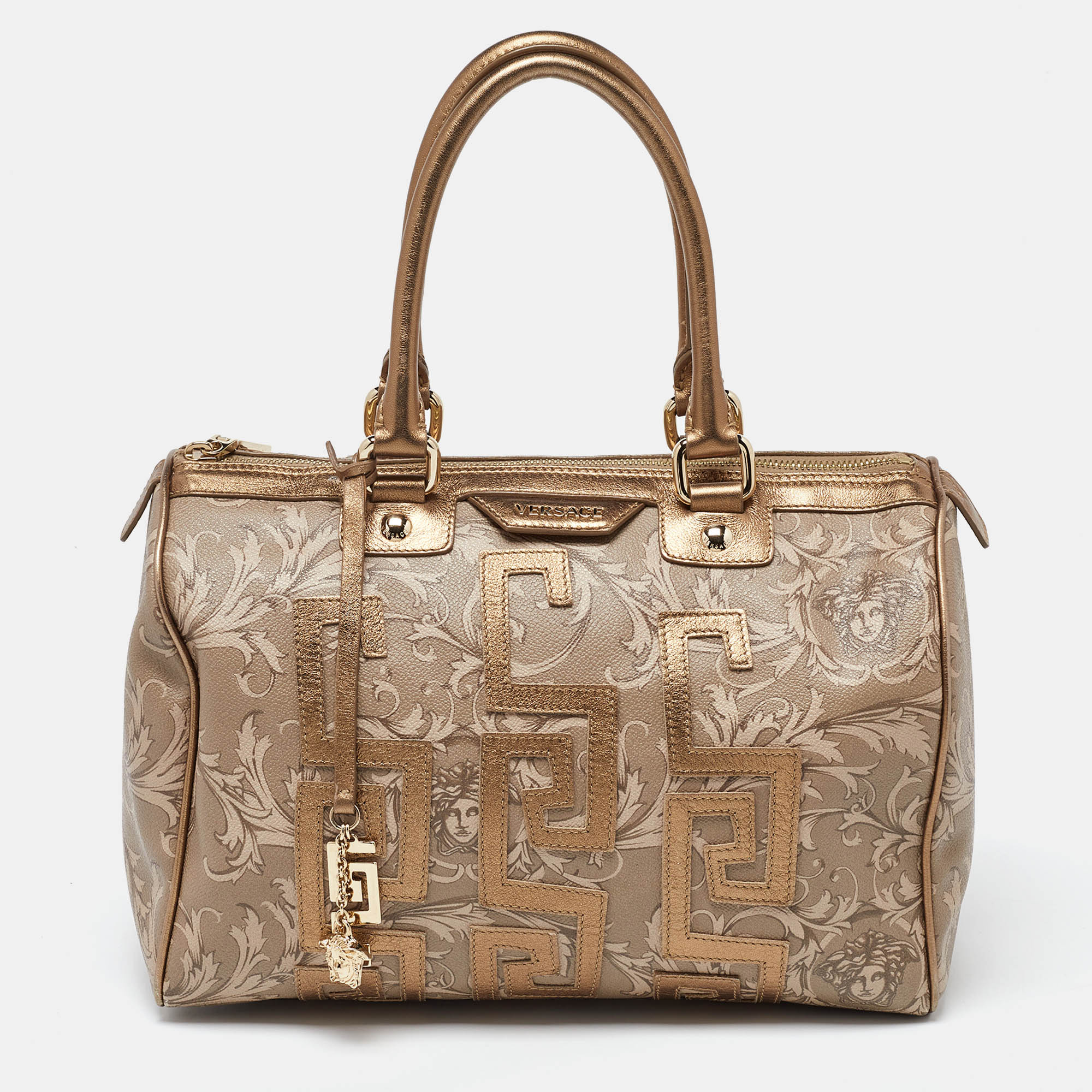 

Versace Beige/Gold Printed Coated Canvas and Leather Boston Bag