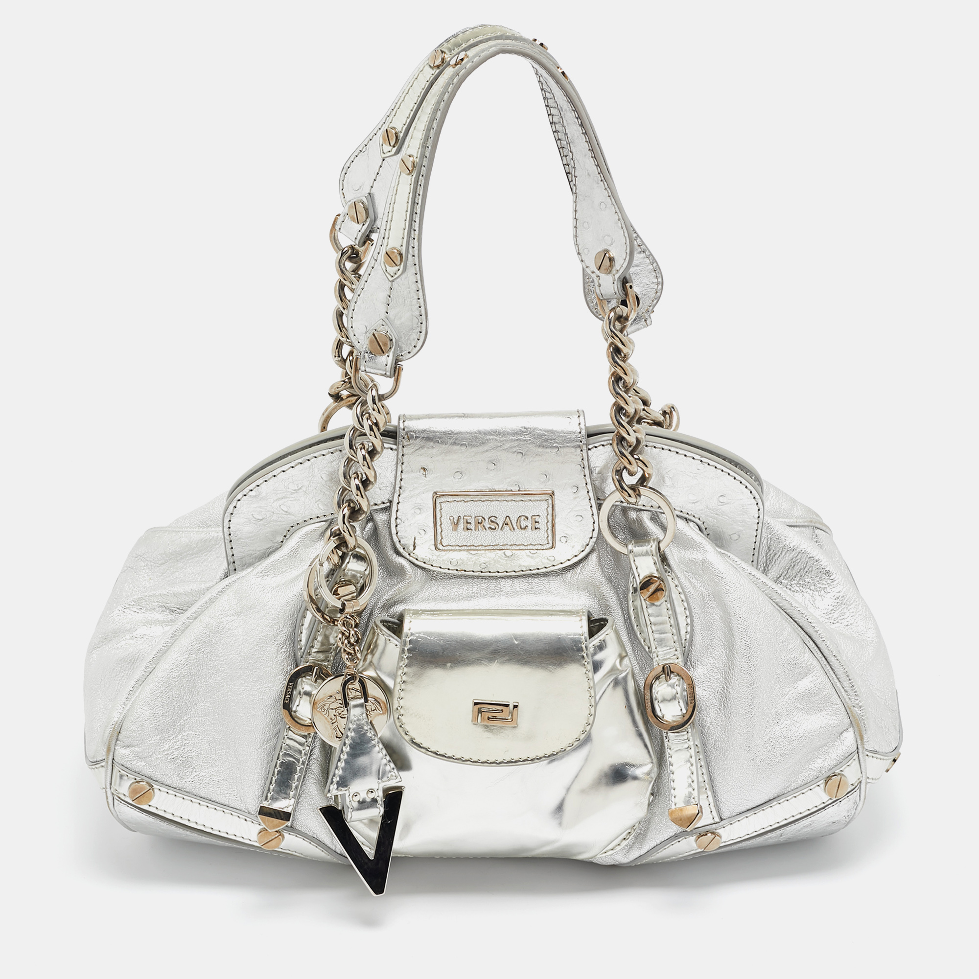 

Versace Silver Ostrich Embossed, Patent and Leather Chain Link Satchel