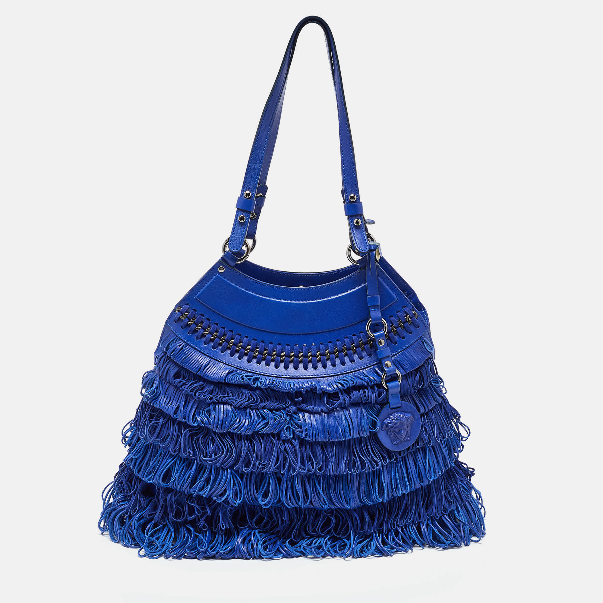 

Versace Blue Leather Fringe Shoulder Bag