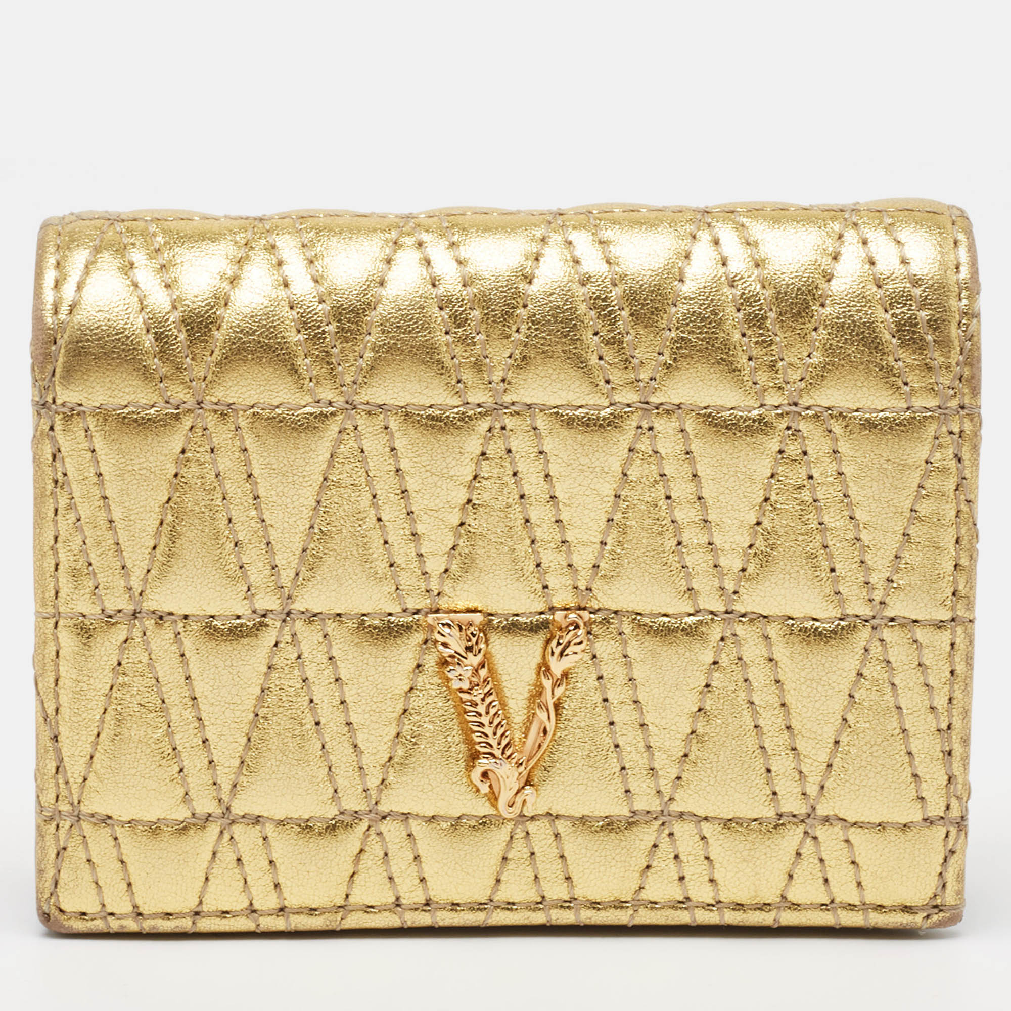 

Versace Gold Quilted Leather Virtus Flap Card Case