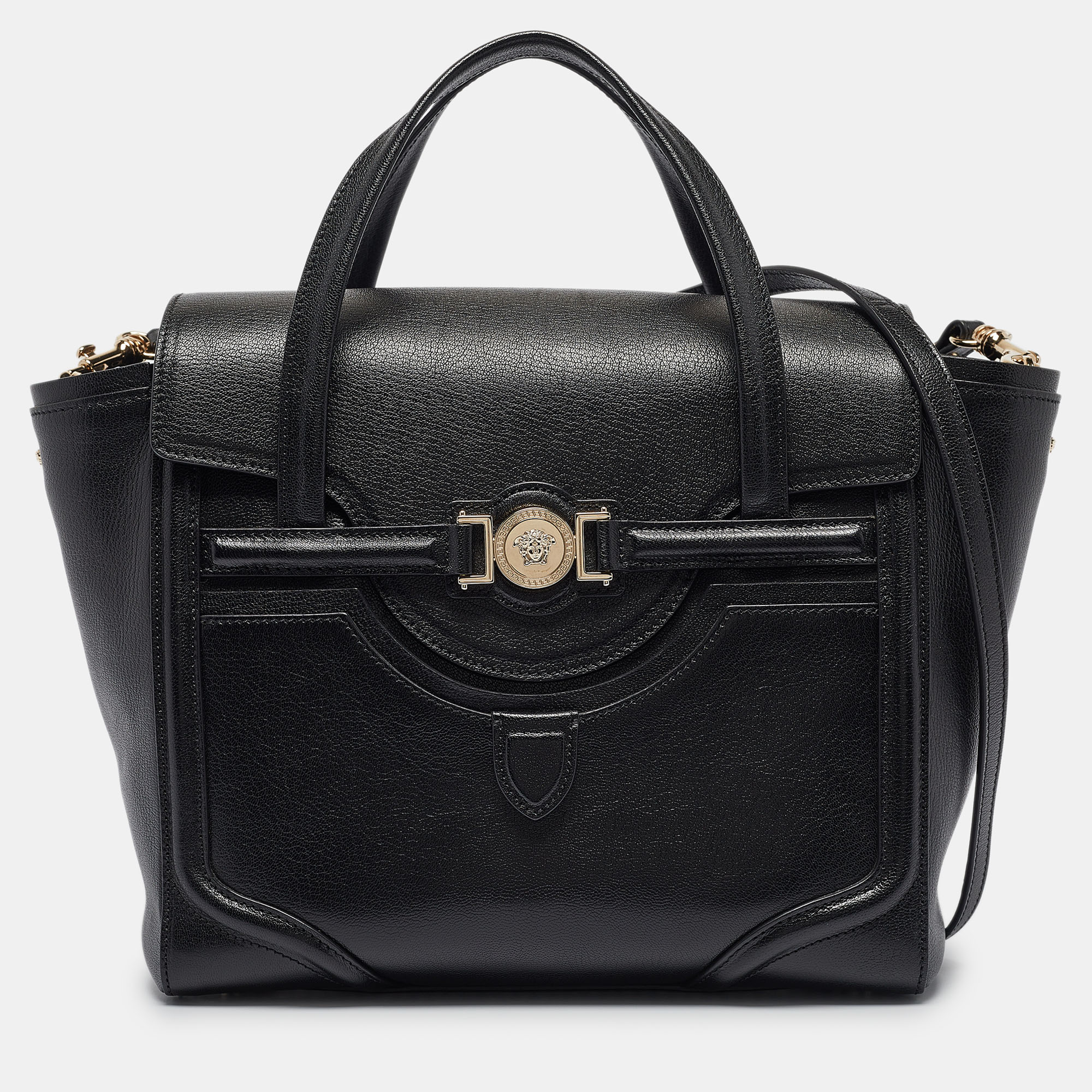 

Versace Black Leather Medium Signature Flap Tote