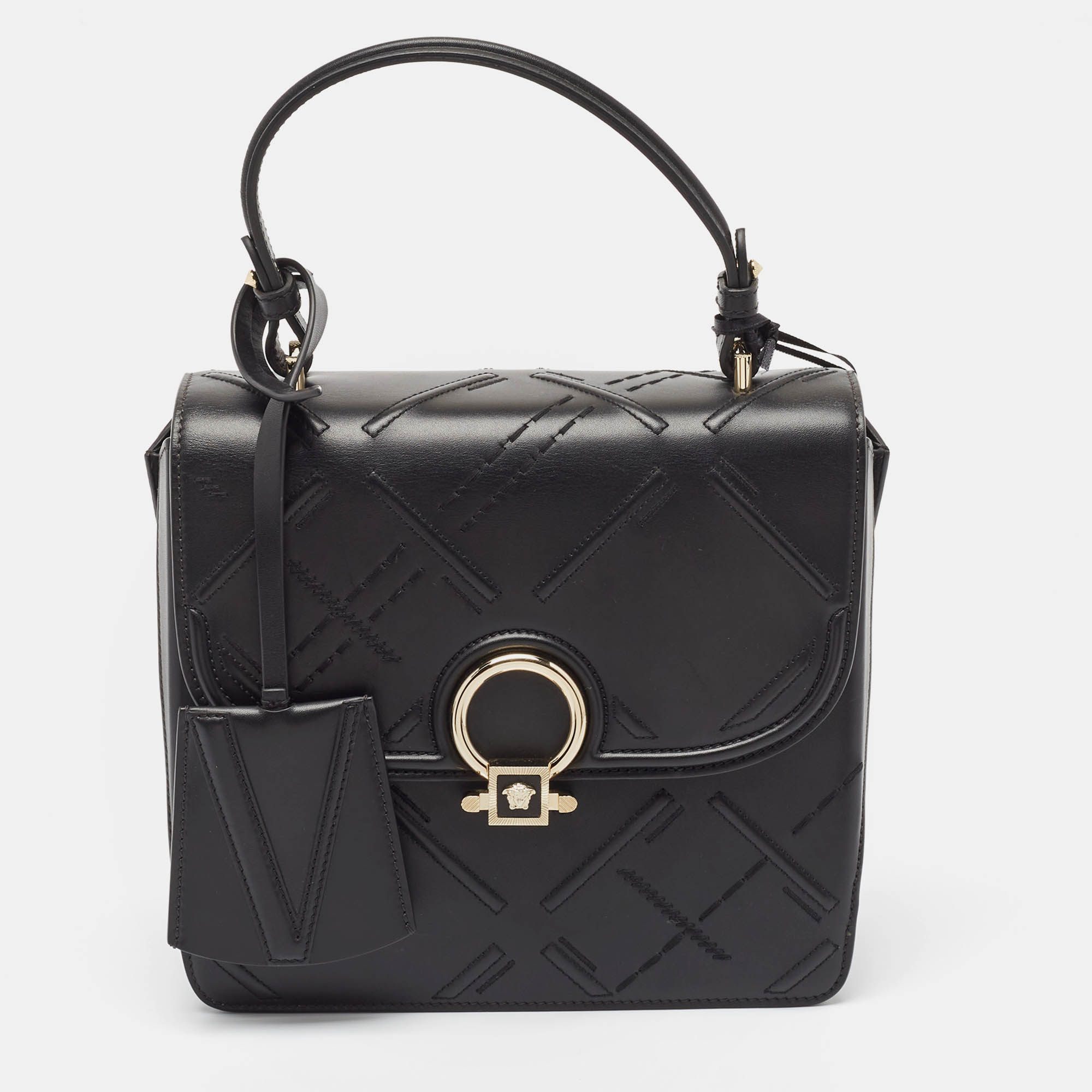 

Versace Black Quilted Leather and Suede DV One Top Handle Bag