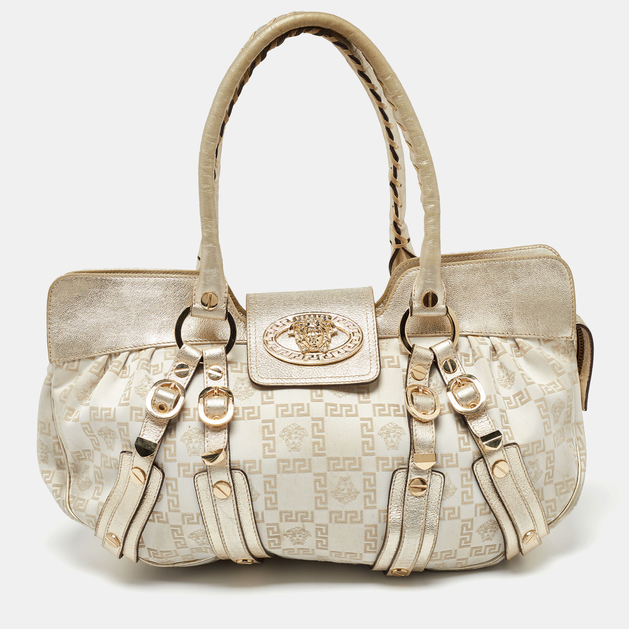 Pre-owned Versace Beige/gold Signature Canvas And Leather Medussa Buckle Satchel