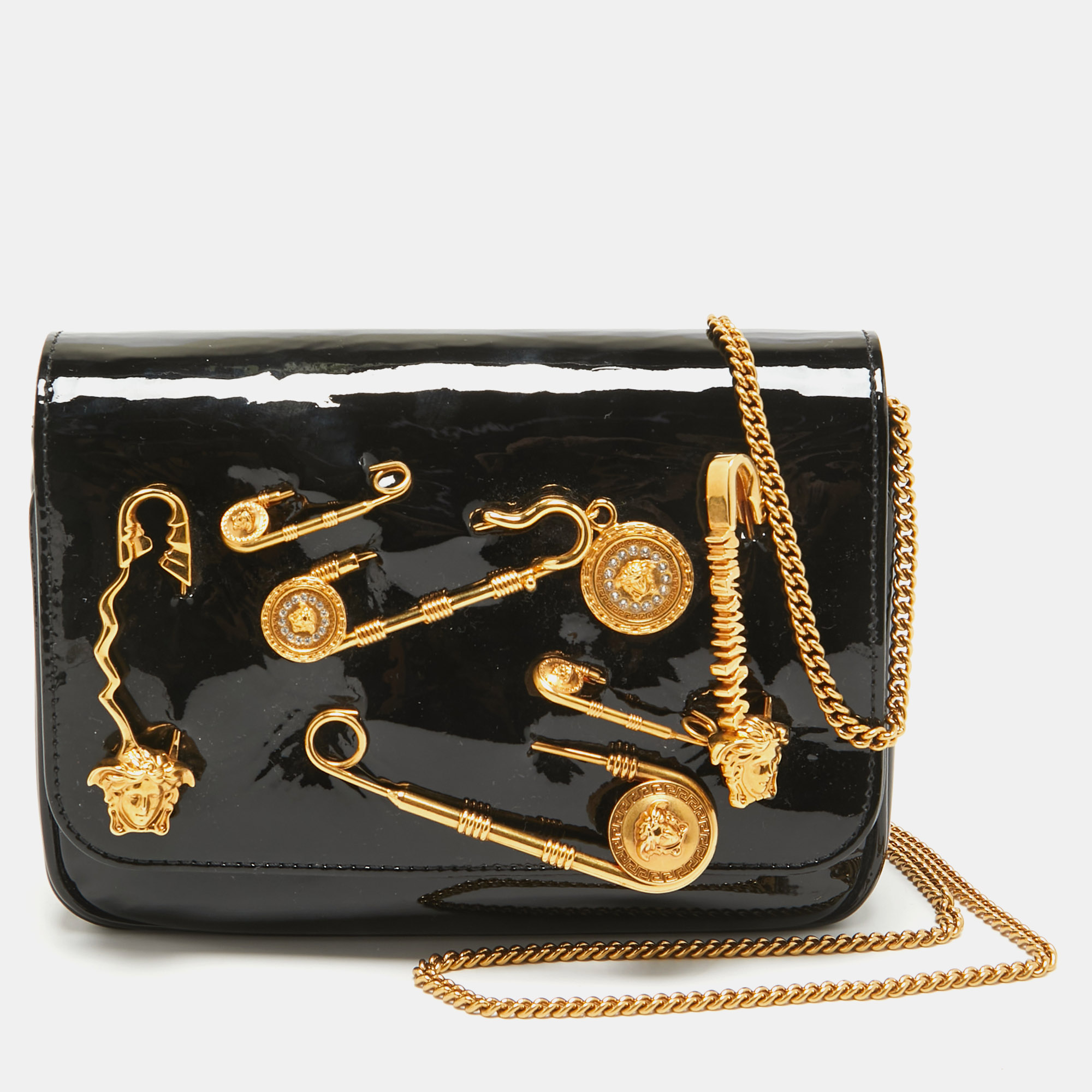 

Versace Black Patent Leather Safety Pin Flap Chain Crossbody Bag