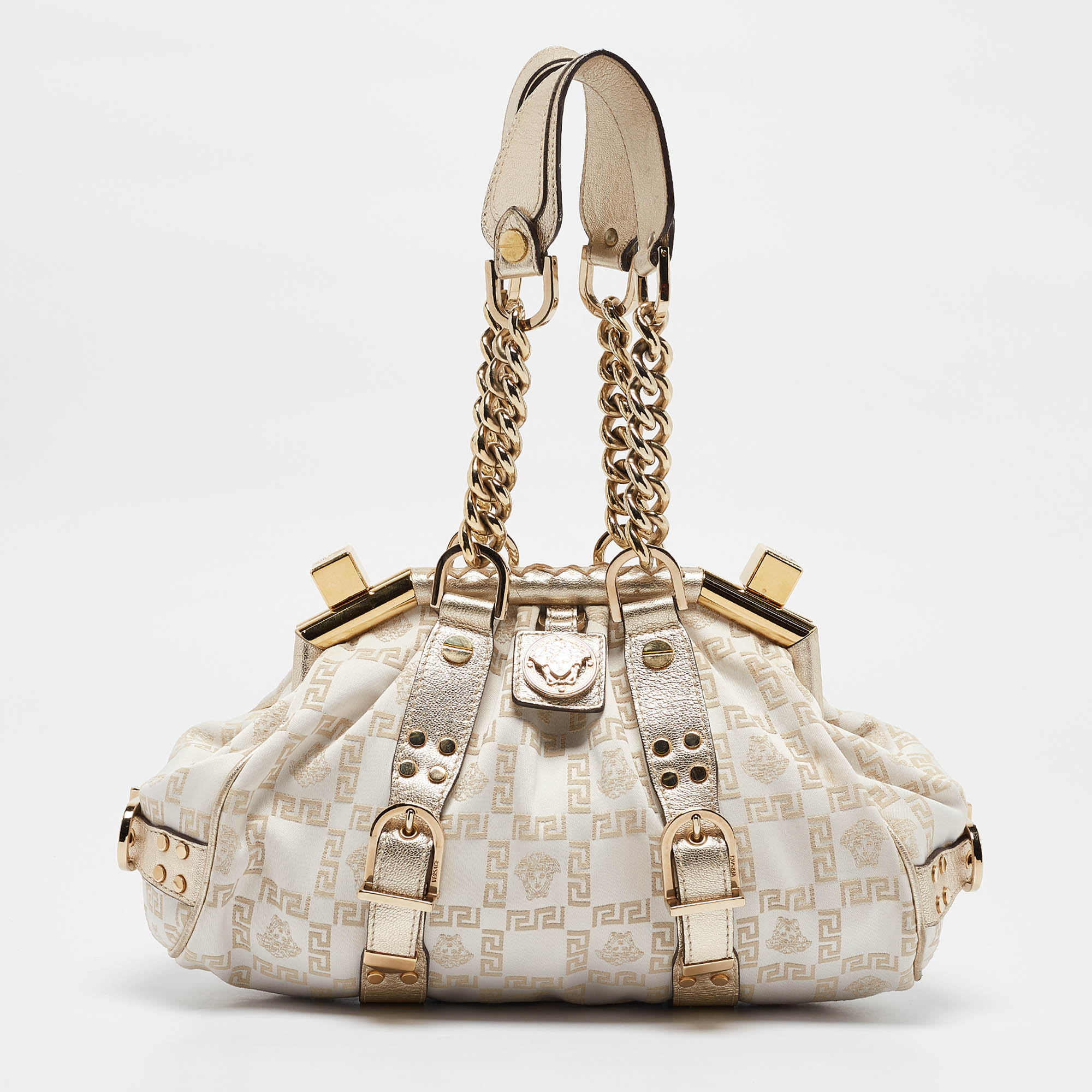 

Versace Gold/White Signature Fabric and Leather Frame Satchel