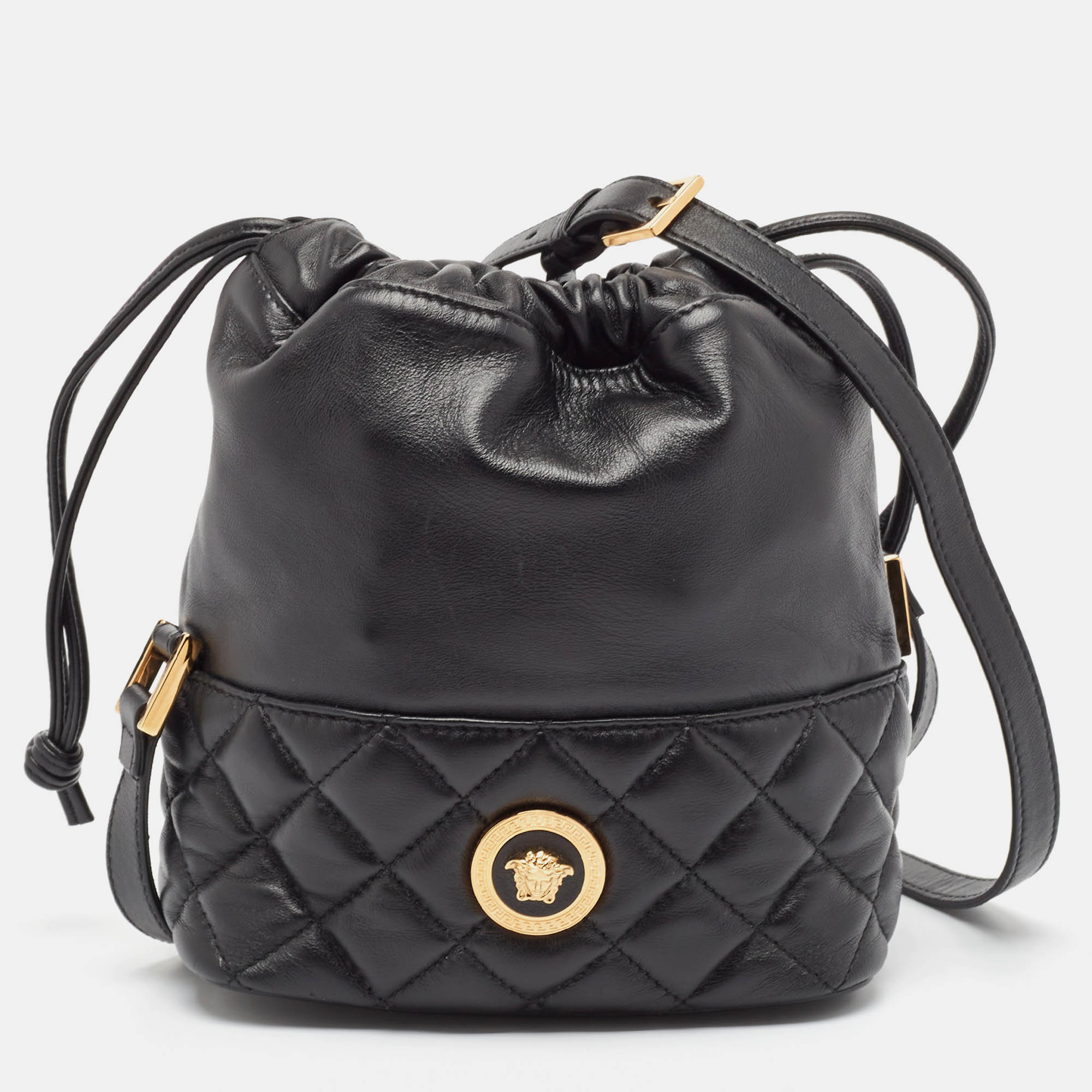 

Versace Black Quilted Leather Medusa Drawstring Bucket Bag