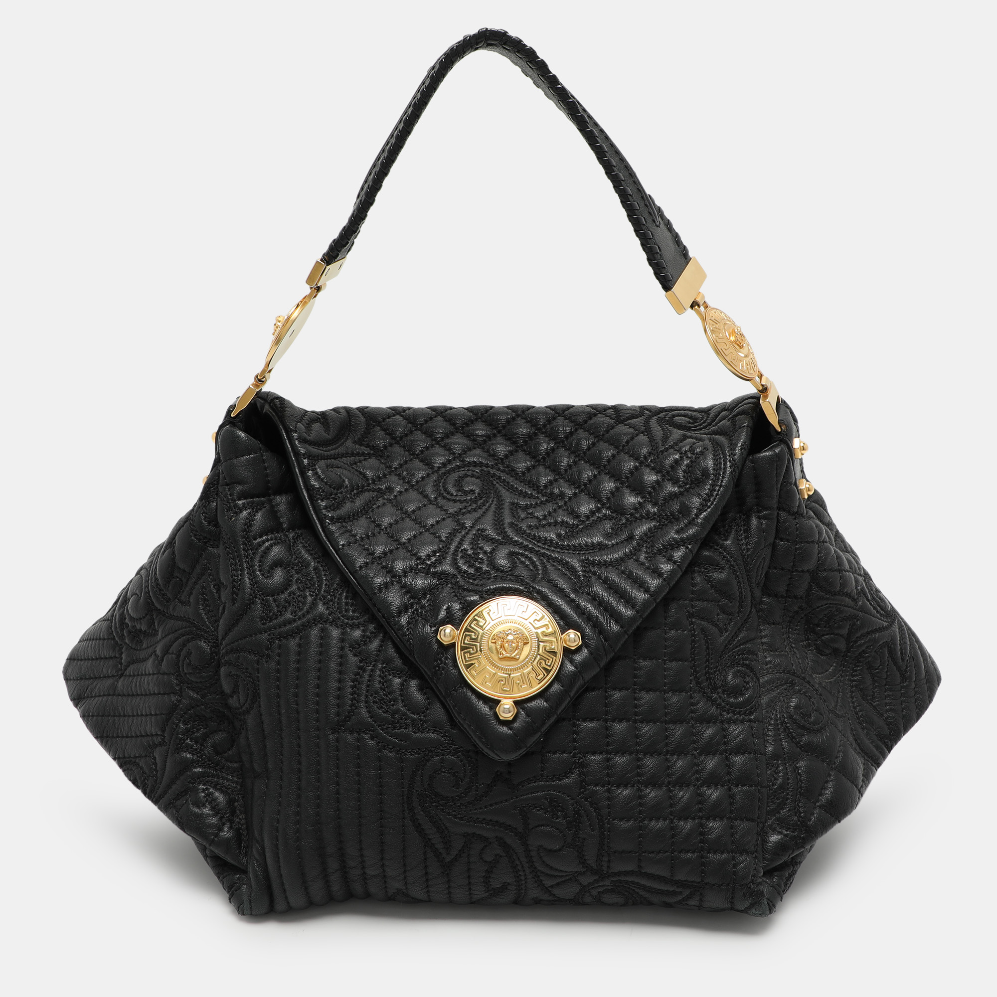 

Versace Black Quilted Leather Embroidered Barocco Shoulder Bag