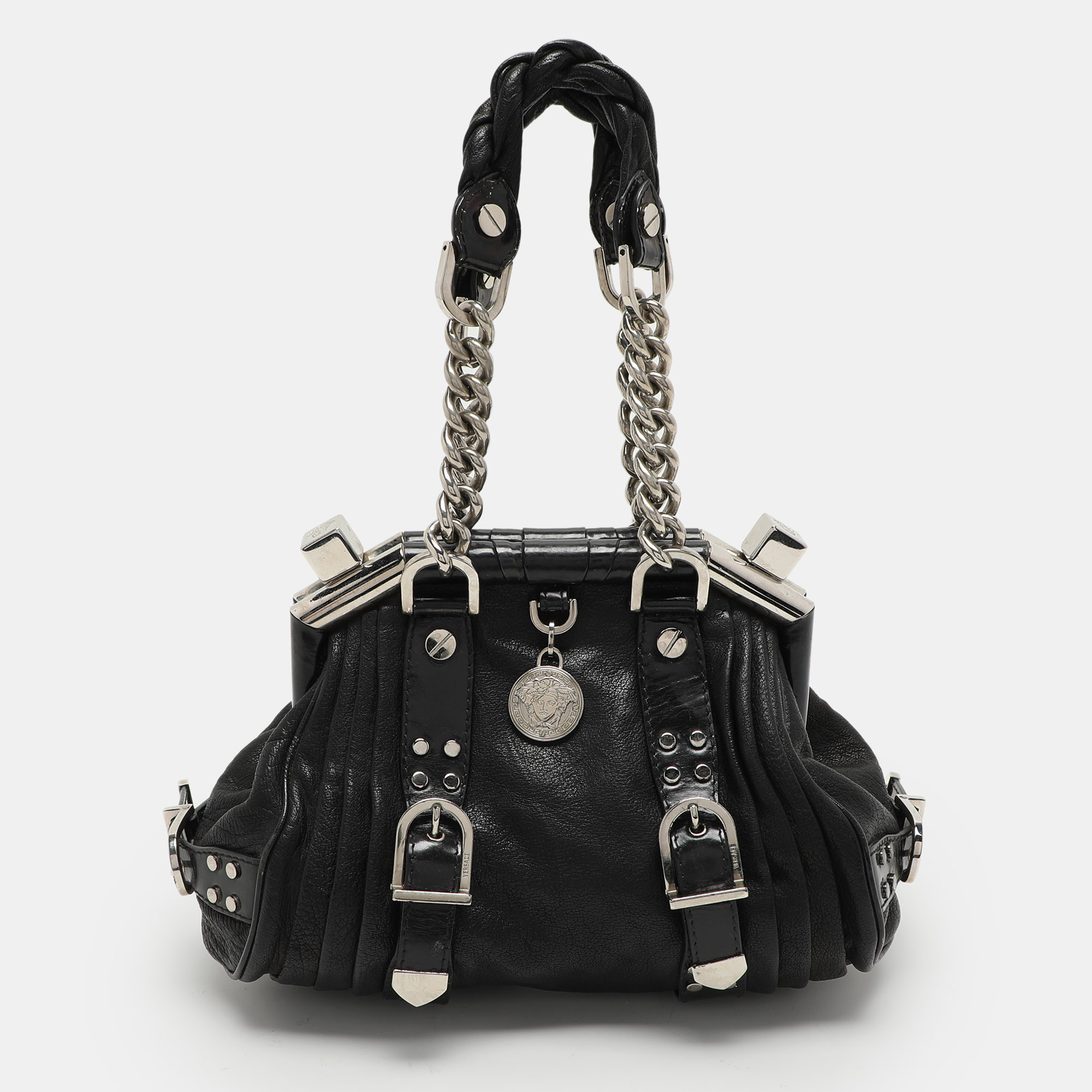 

Versace Black Leather Chain Embellished Satchel