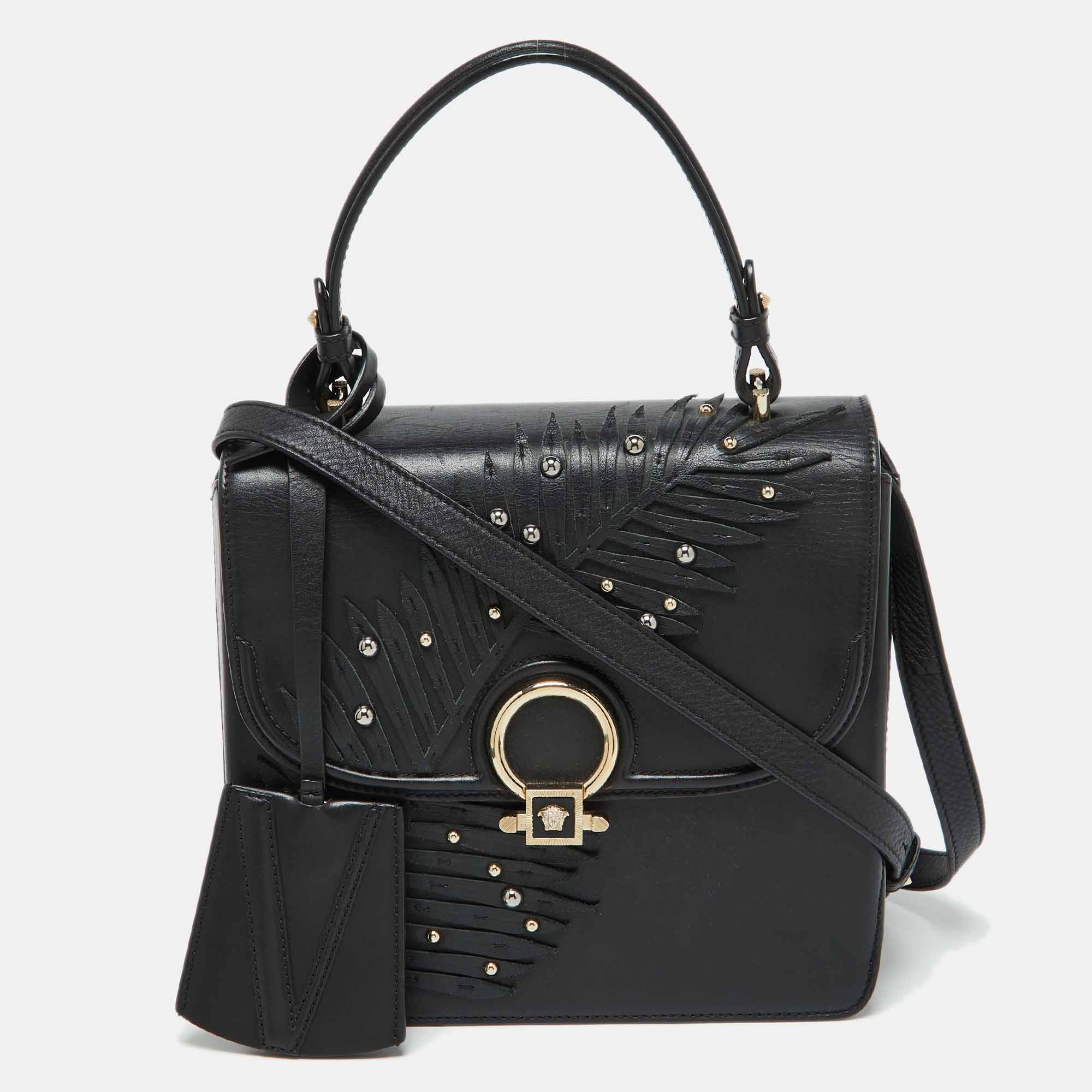 

Versace Black Leather Applique Studded Flap Top Handle Bag