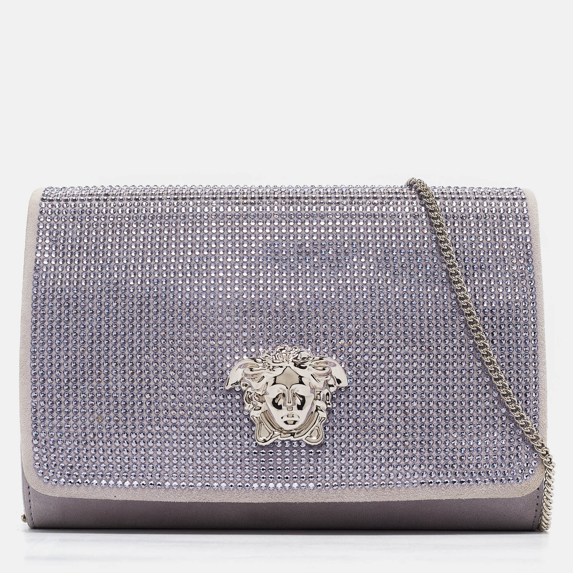 

Versace Lavender Suede Crystal Embellished Palazzo Medusa Chain Clutch, Purple