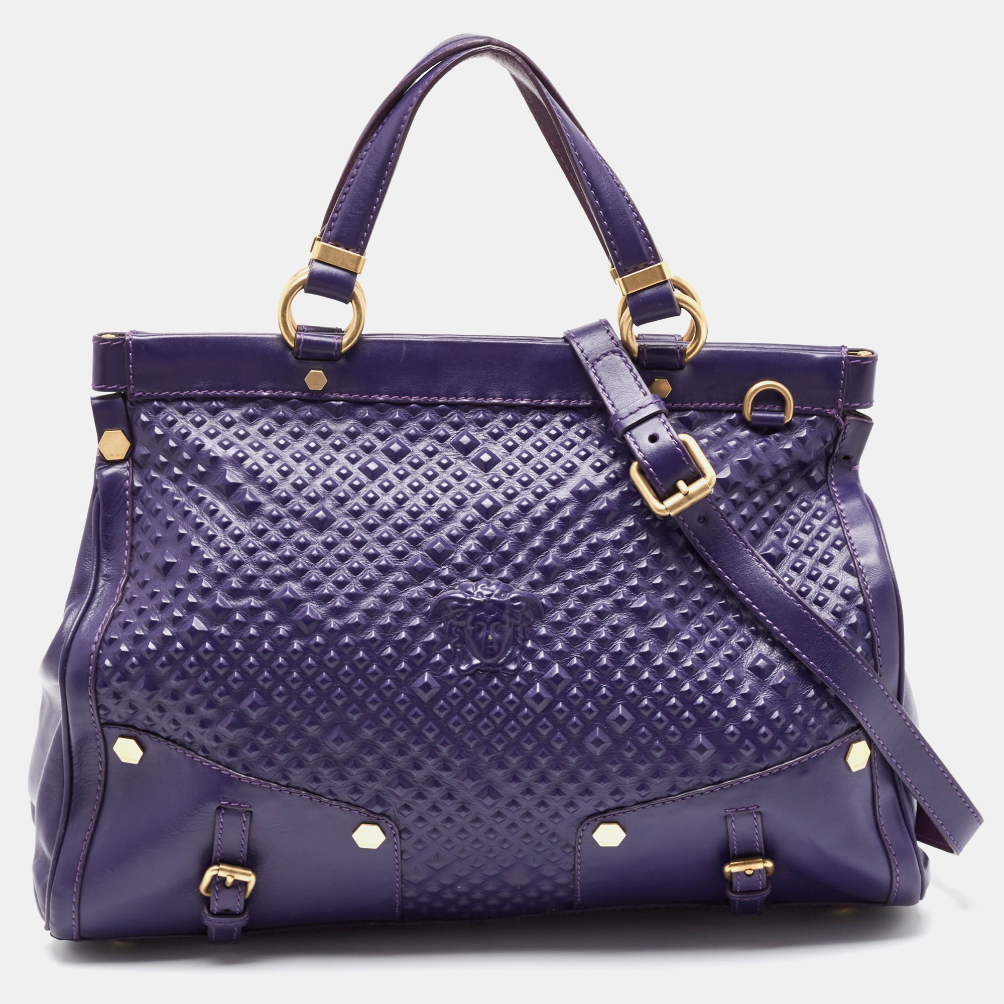 

Versace Purple Embossed Leather Medusa Studded Tote