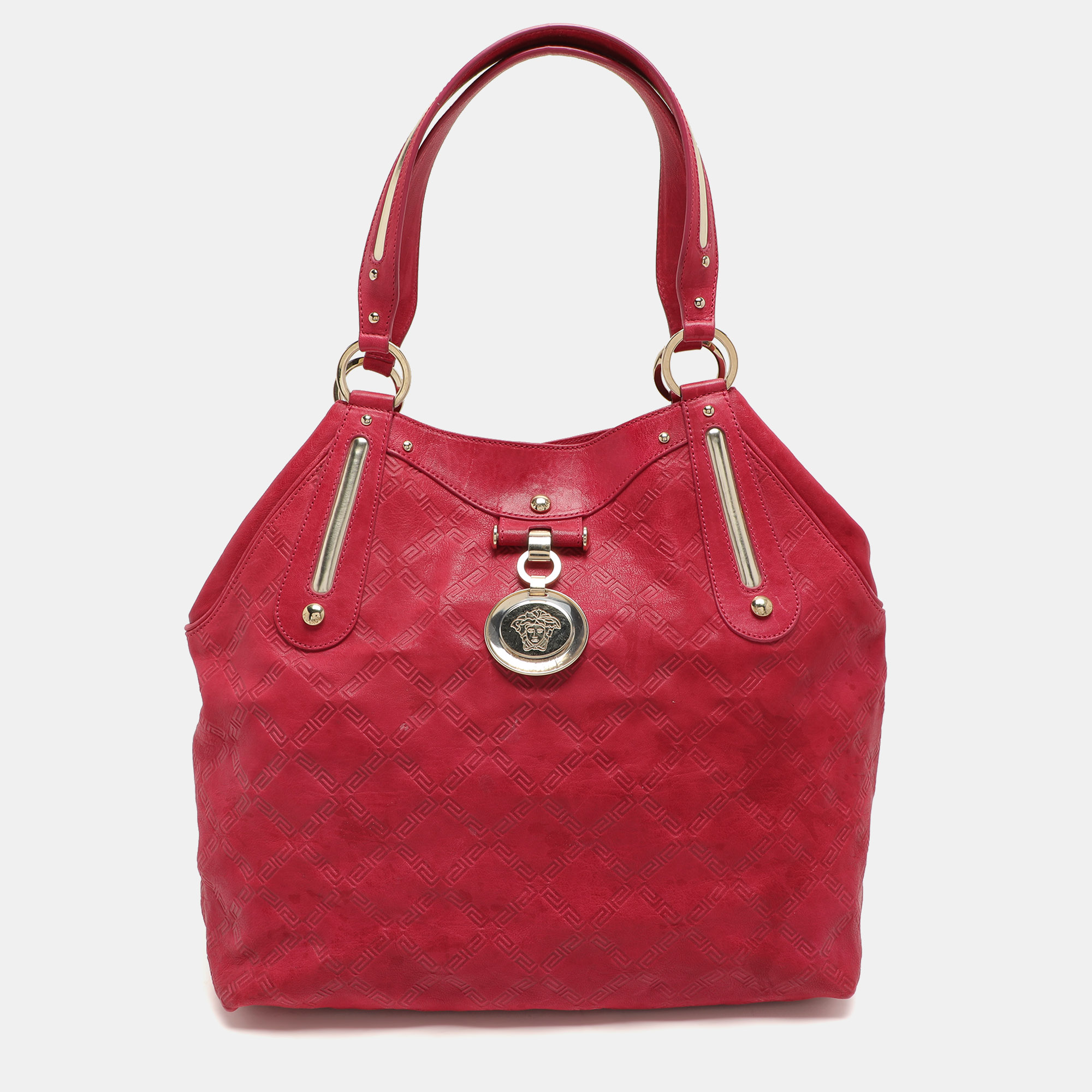 Pre-owned Versace Fuchsia Embossed Leather Icon Medusa Satchel In Pink