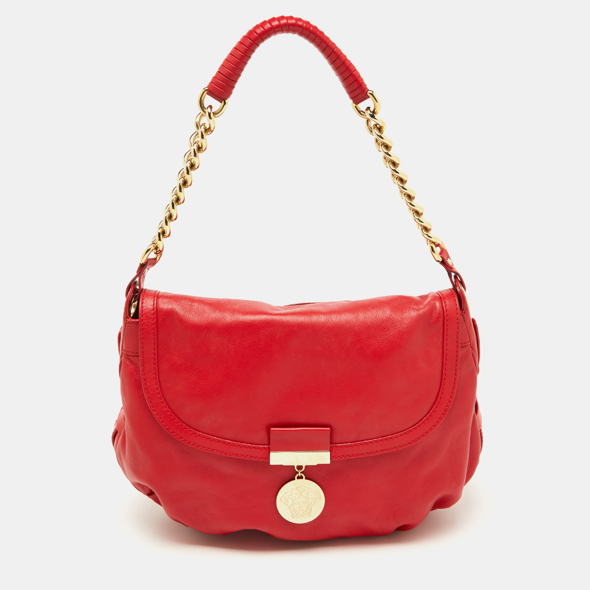 

Versace Red Leather Medusa Lock Flap Shoulder Bag