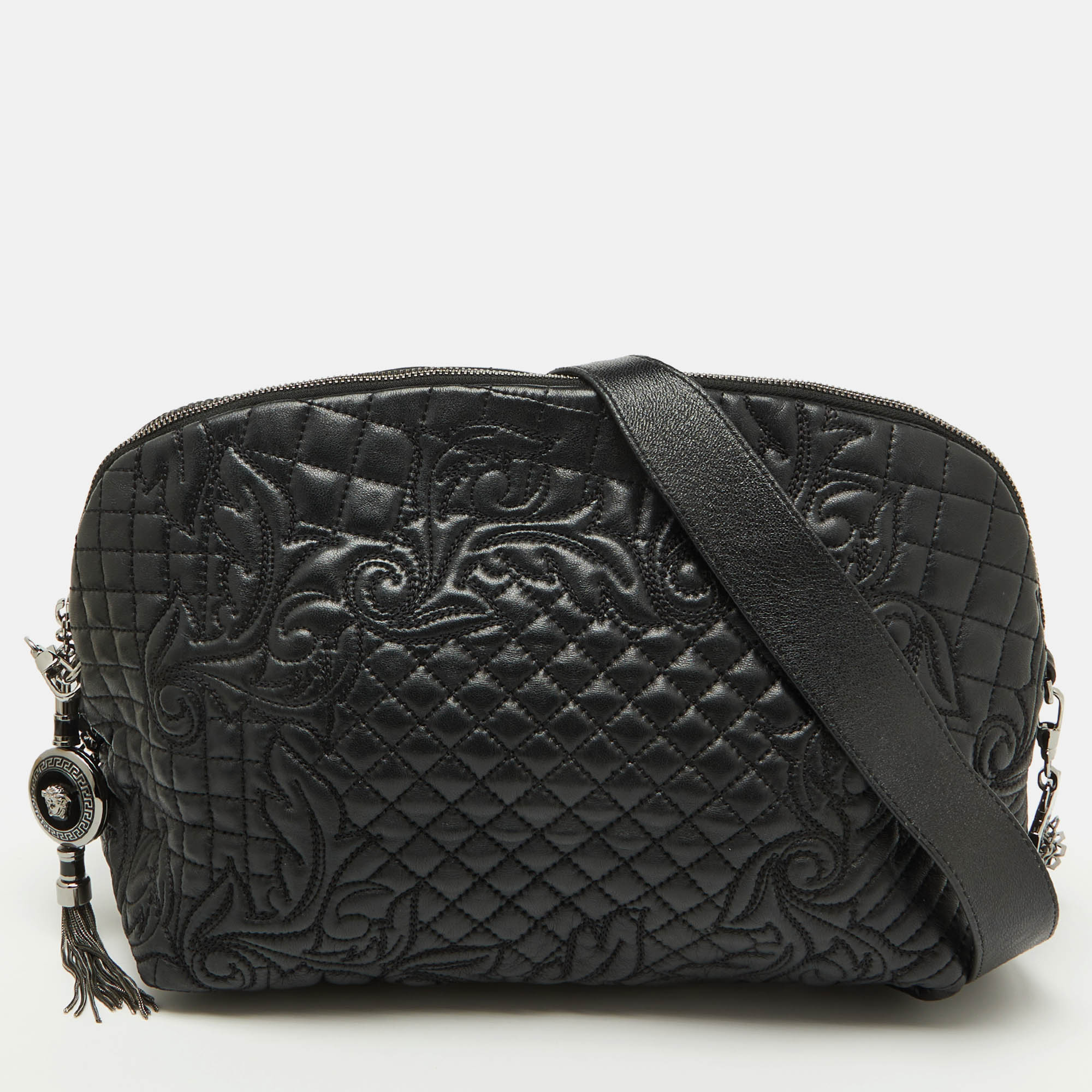 

Versace Black Leather Quilted Embroidered Zip Satchel