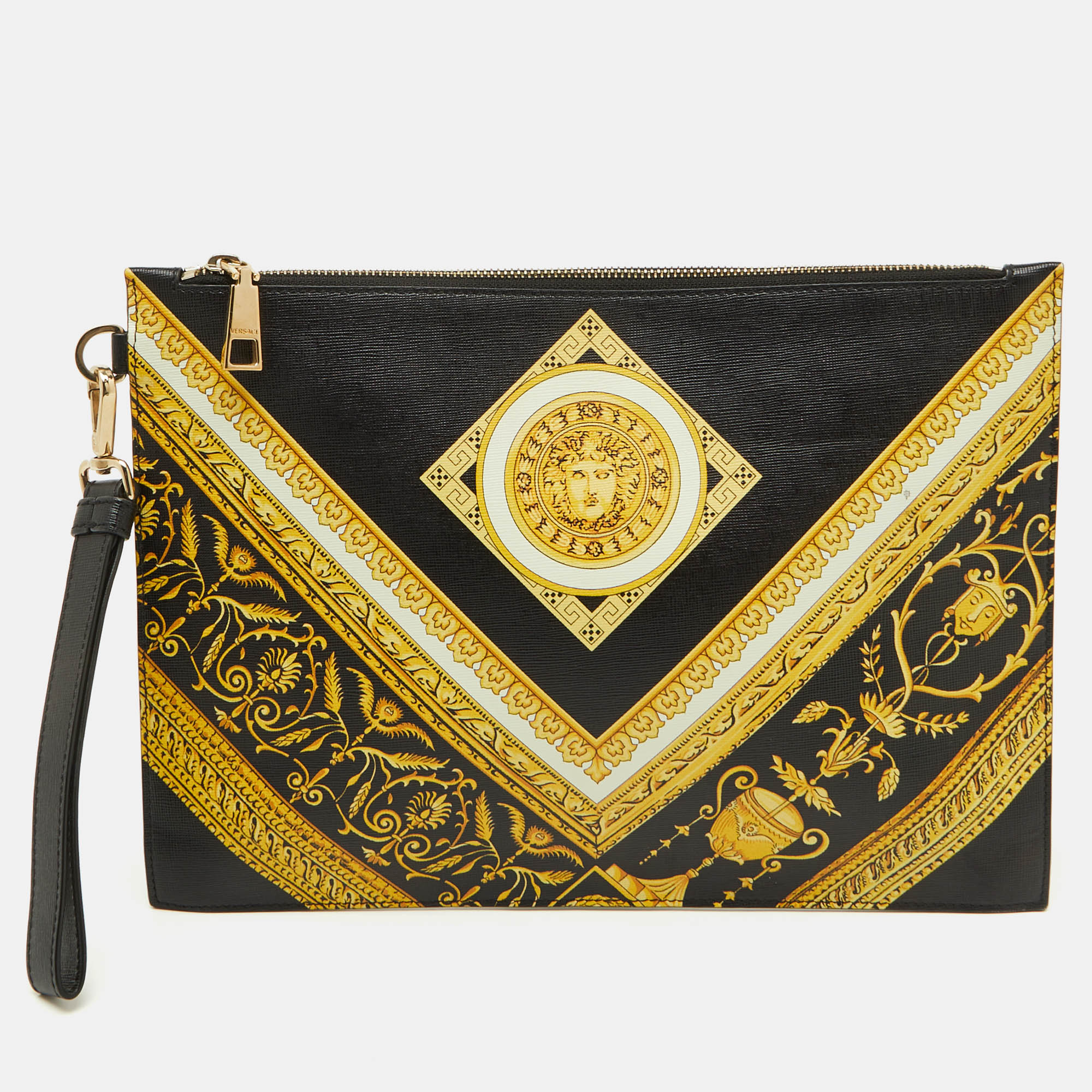 

Versace Black Leather Baroque Medusa Print Wristlet Pouch