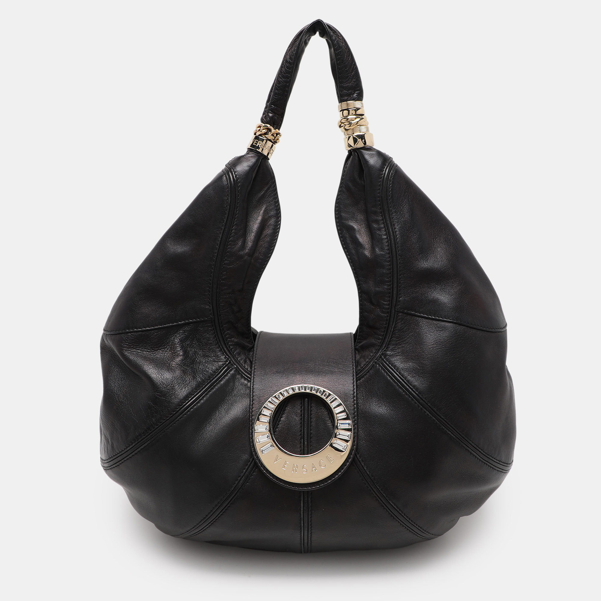 

Versace Black Leather Crystal Embellished Flap Hobo