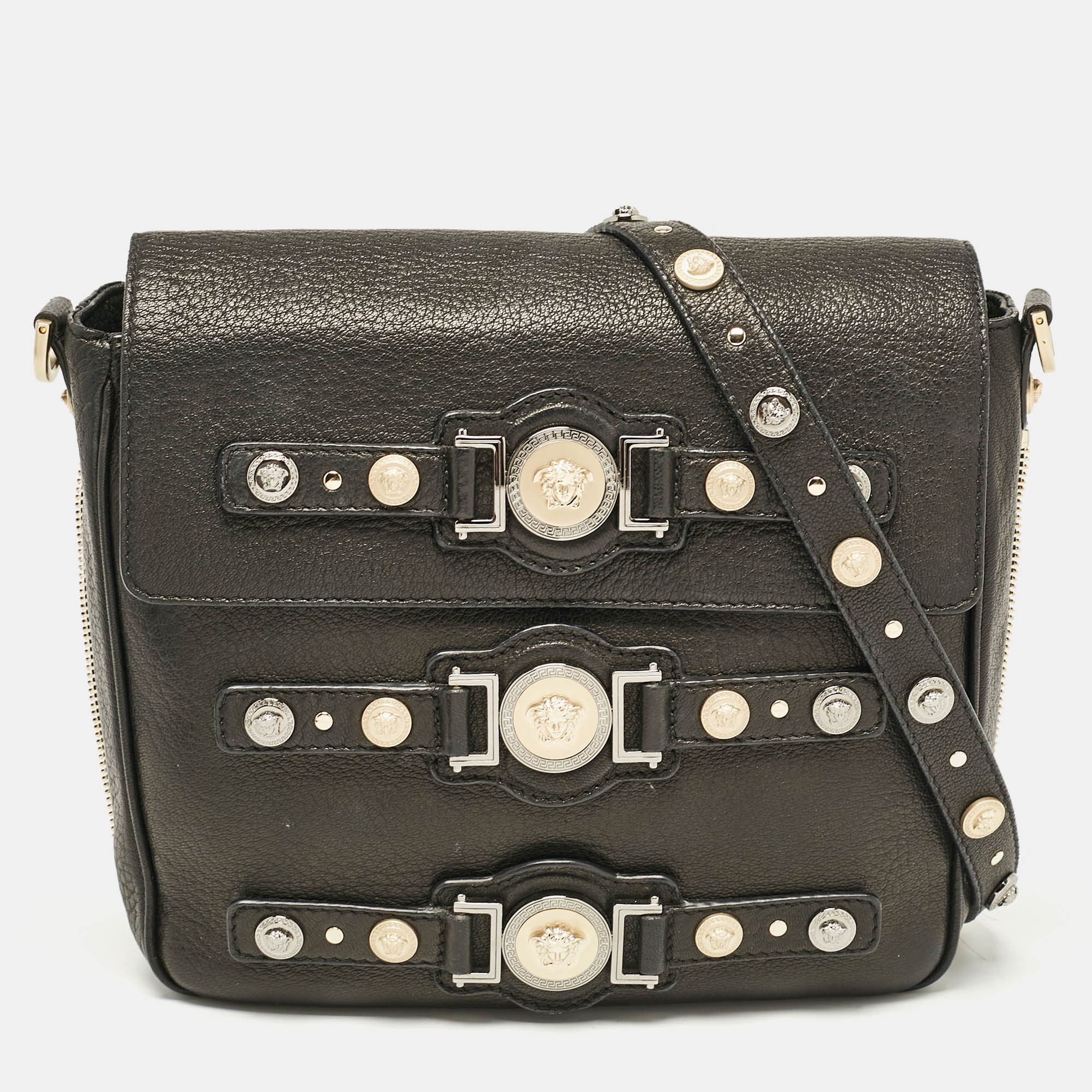 

Versace Black Leather Medusa Studded Flap Crossbody Bag