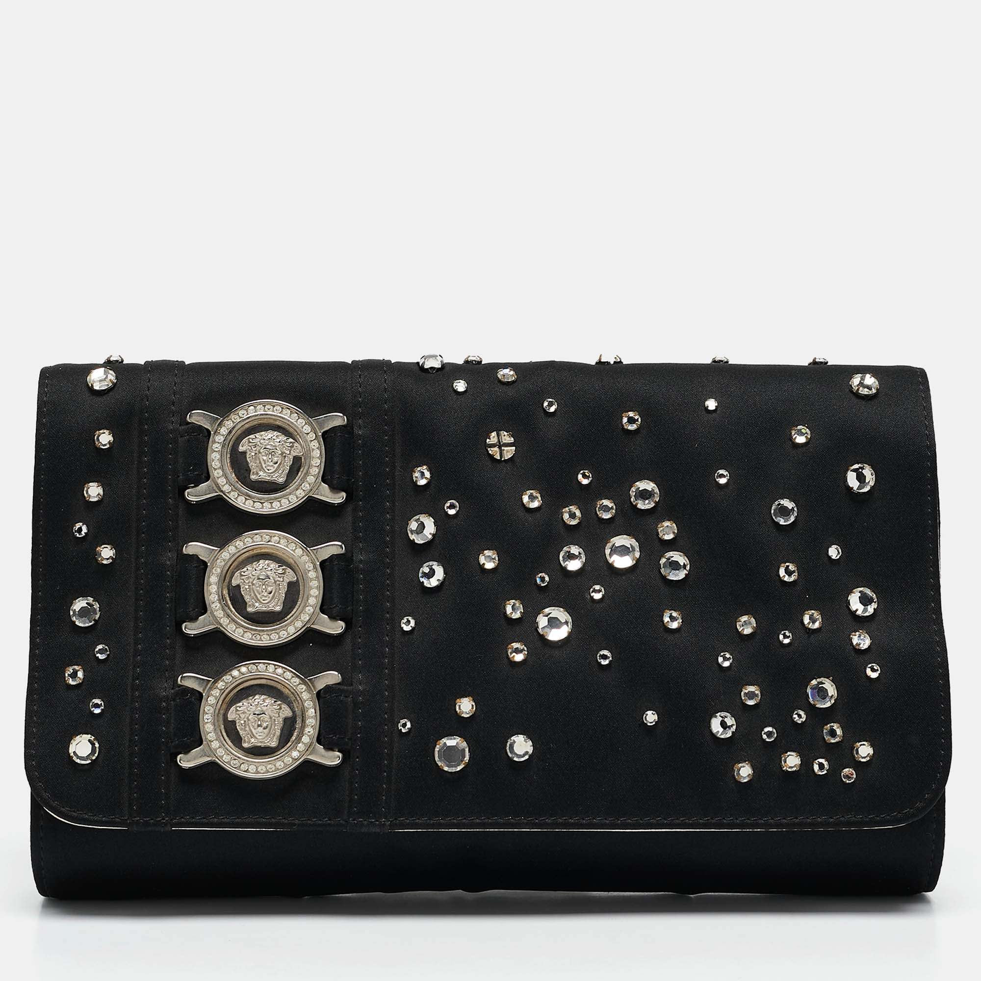 

Versace Black Satin Studded Crystals Medusa Logo Clutch